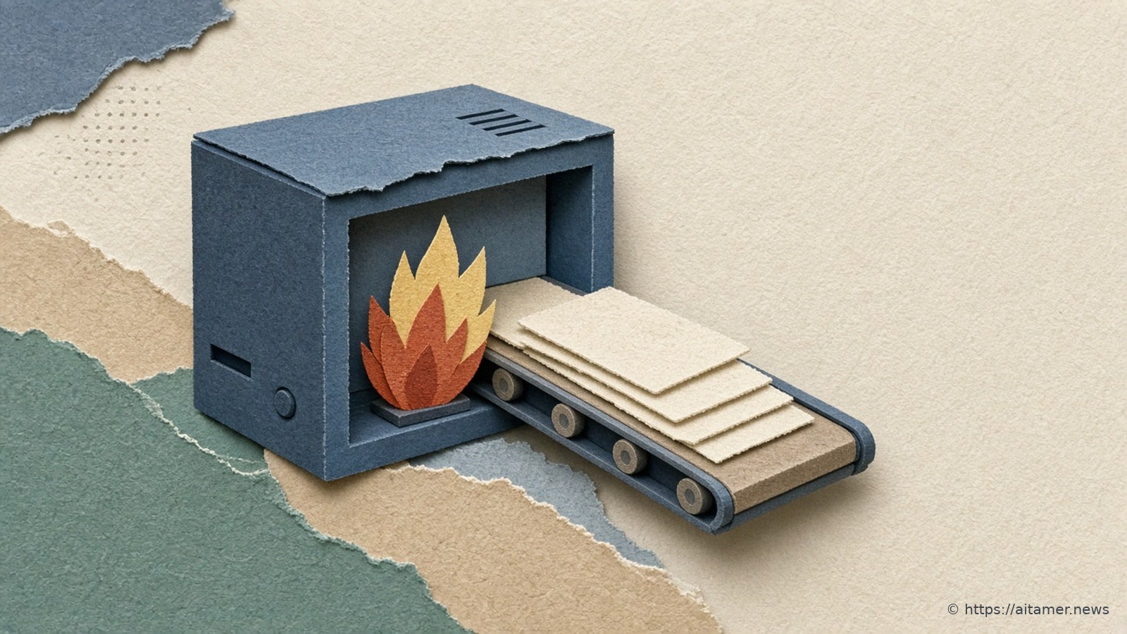 A slate-blue paper computer case with a small flame inside and a conveyor carrying a stack of blank sheets out of it.