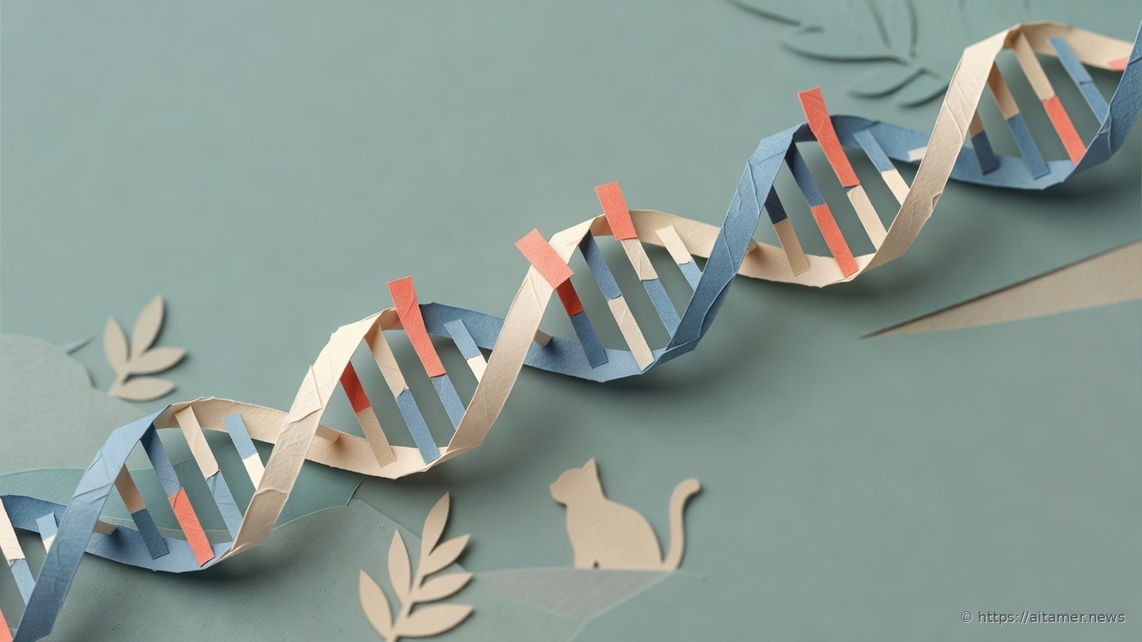 Paper-cut illustration of a cream and blue DNA double helix marked with coral tabs, with faint paper silhouettes of a leaf and a cat beneath it.