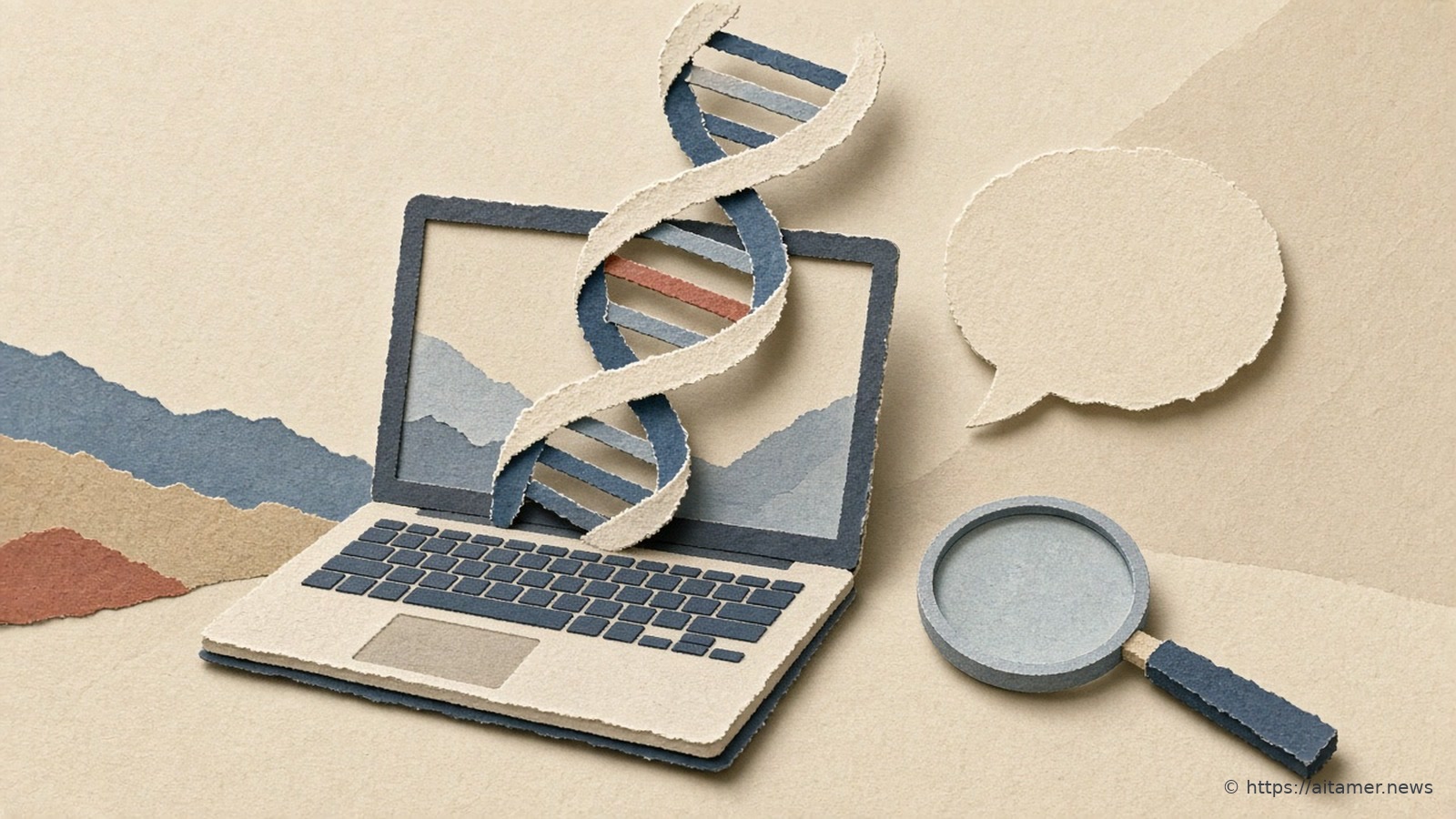 Paper-cut illustration of a cream and blue DNA helix rising from an open laptop beside a blank speech bubble and a small magnifying glass.