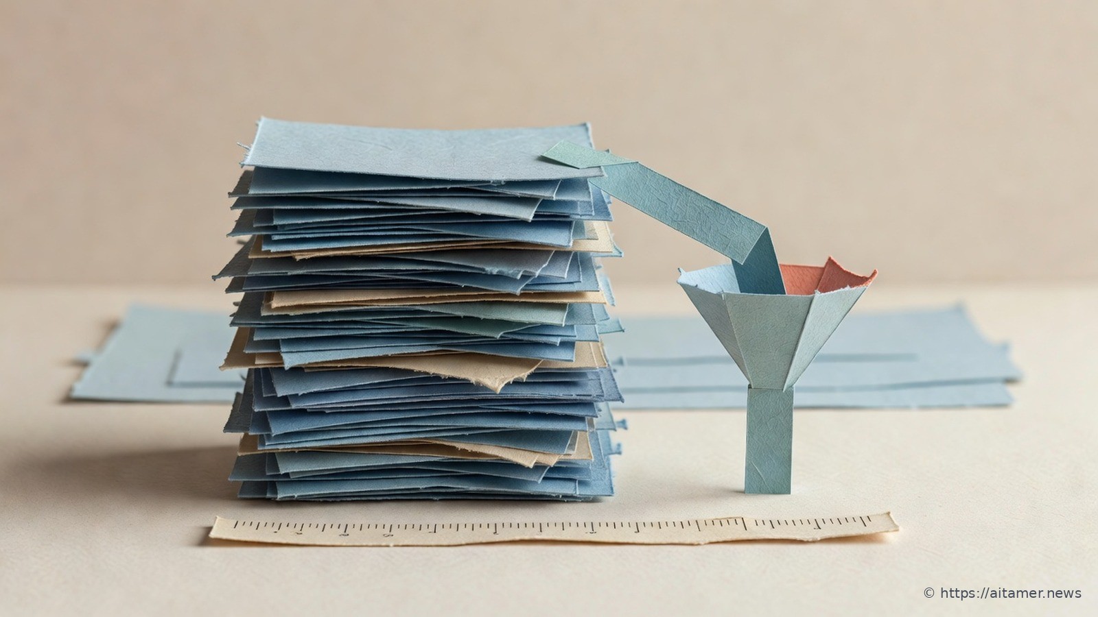 A tall wobbly stack of blue paper sheets beside a teal paper funnel that turns a single ribbon from the stack into a neat short strip, with a paper ruler along the base.