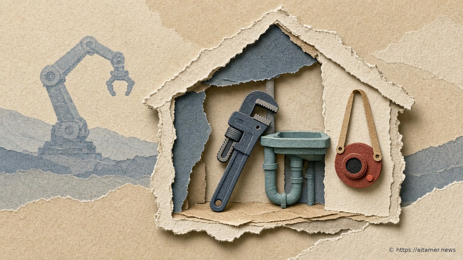 A torn-paper house frame holds a navy pipe wrench, a teal sink trap and a coral paper camera on a strap, with a faint robot arm outside.