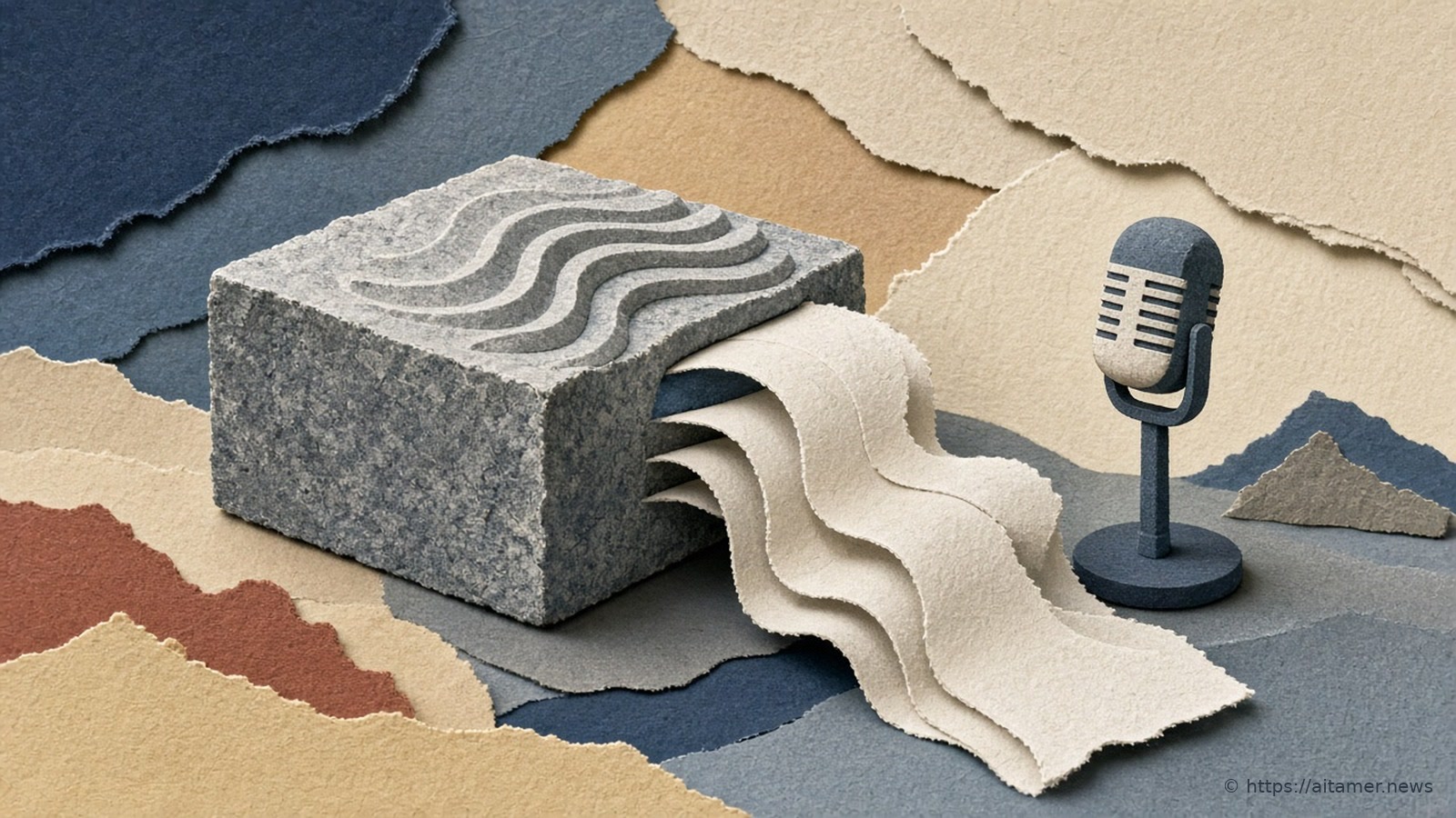 Paper-cut illustration of a granite block with sound-wave ridges unrolling blank paper strips like a transcript, beside a small microphone.