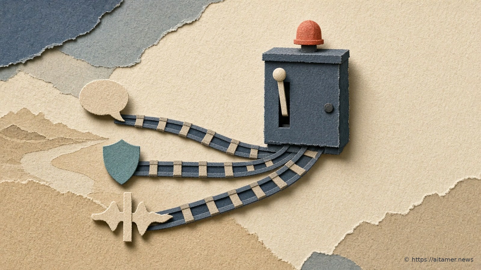Three paper rail tracks from a speech bubble, a teal shield, and a cream signal post merging into one navy switch box with a coral knob.