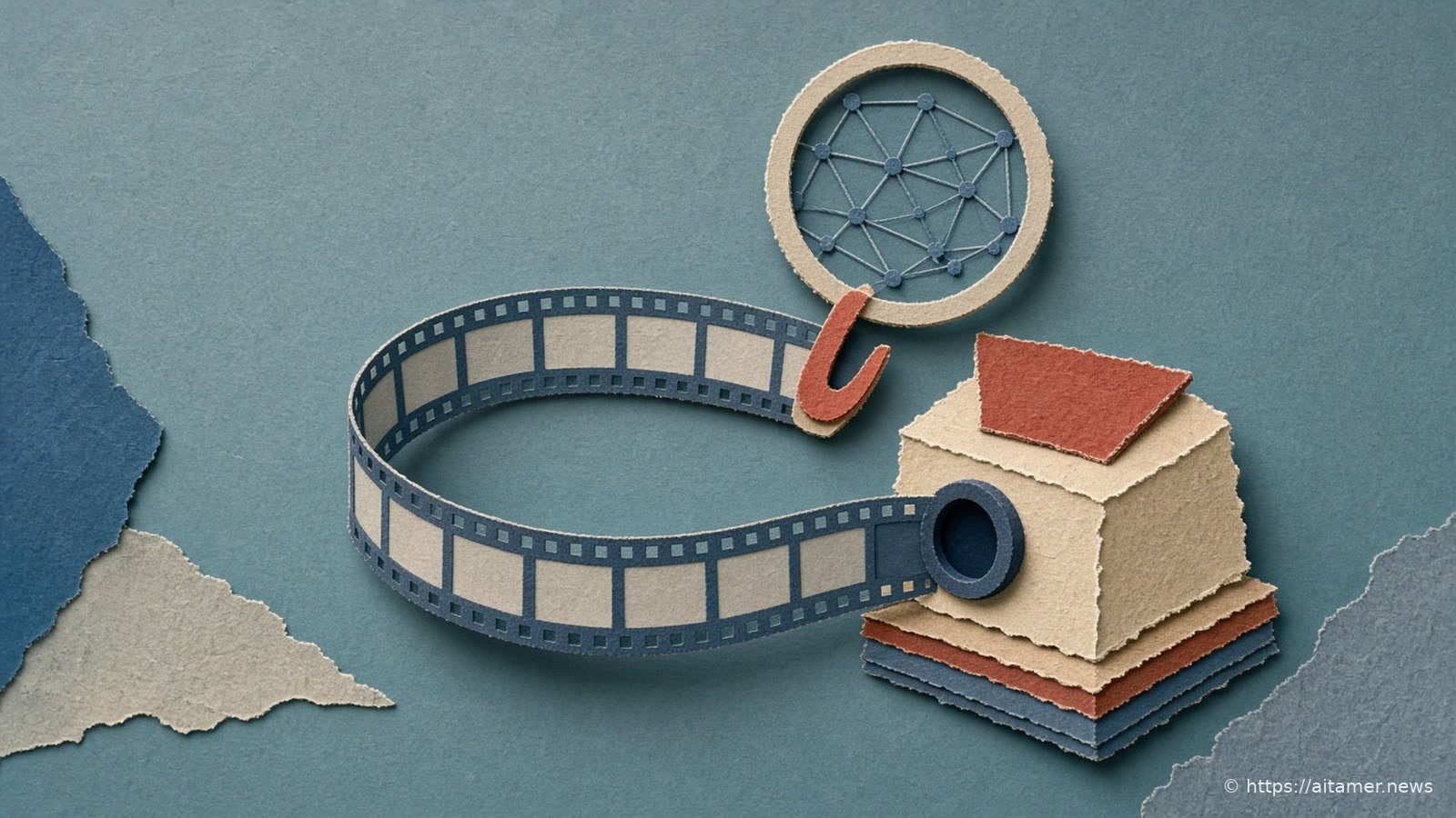 Paper collage of a film strip looping through a paper projector, with a small coral hook clipped to one frame and a magnifying lens showing a web of nodes above it.