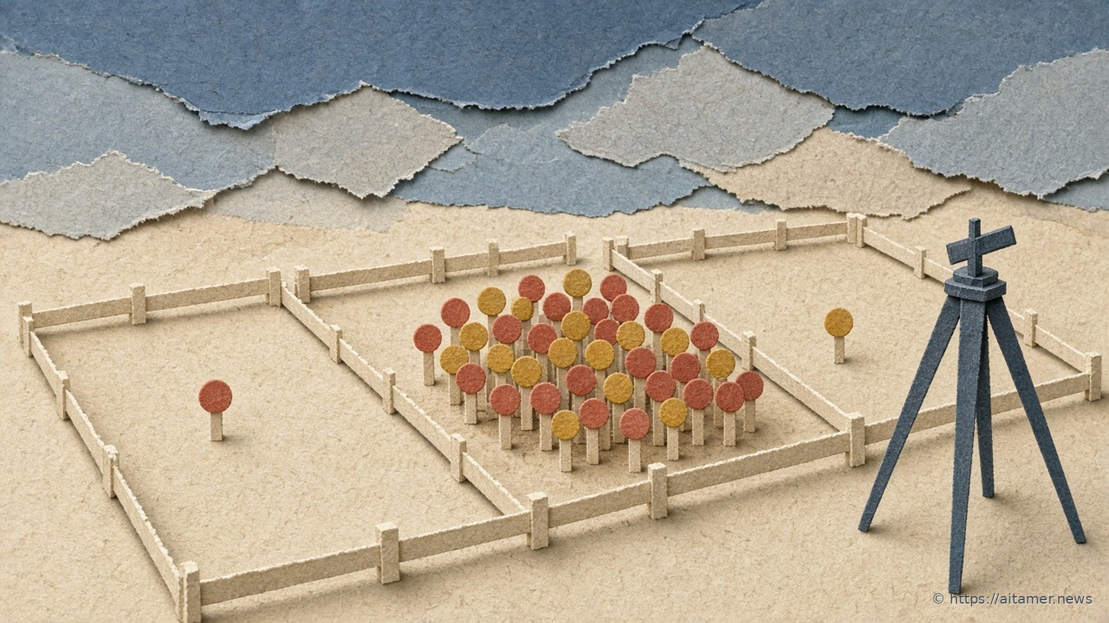 Paper-cut fenced sand plots, one crowded with coral and yellow tagged stakes while others hold one each, beside a slate tripod.