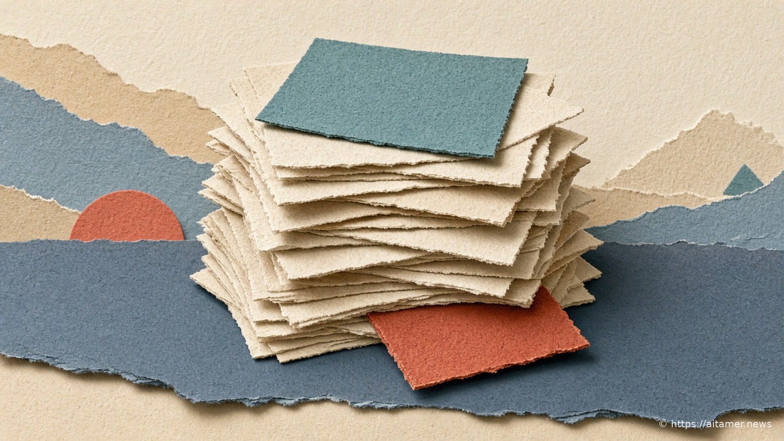 A tall, uneven stack of cream torn-paper sheets topped by a teal sheet, with a coral sheet slipping out underneath, over layered slate-blue and sand paper hills with a coral sun.