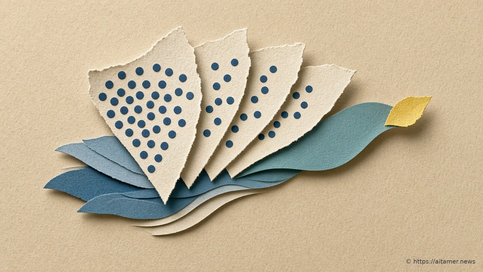 Five torn cream paper sheets fan out from left to right, the first densely covered in slate-blue dots and each next one with fewer, over flowing blue and teal paper waves that end in a small yellow leaf shape.