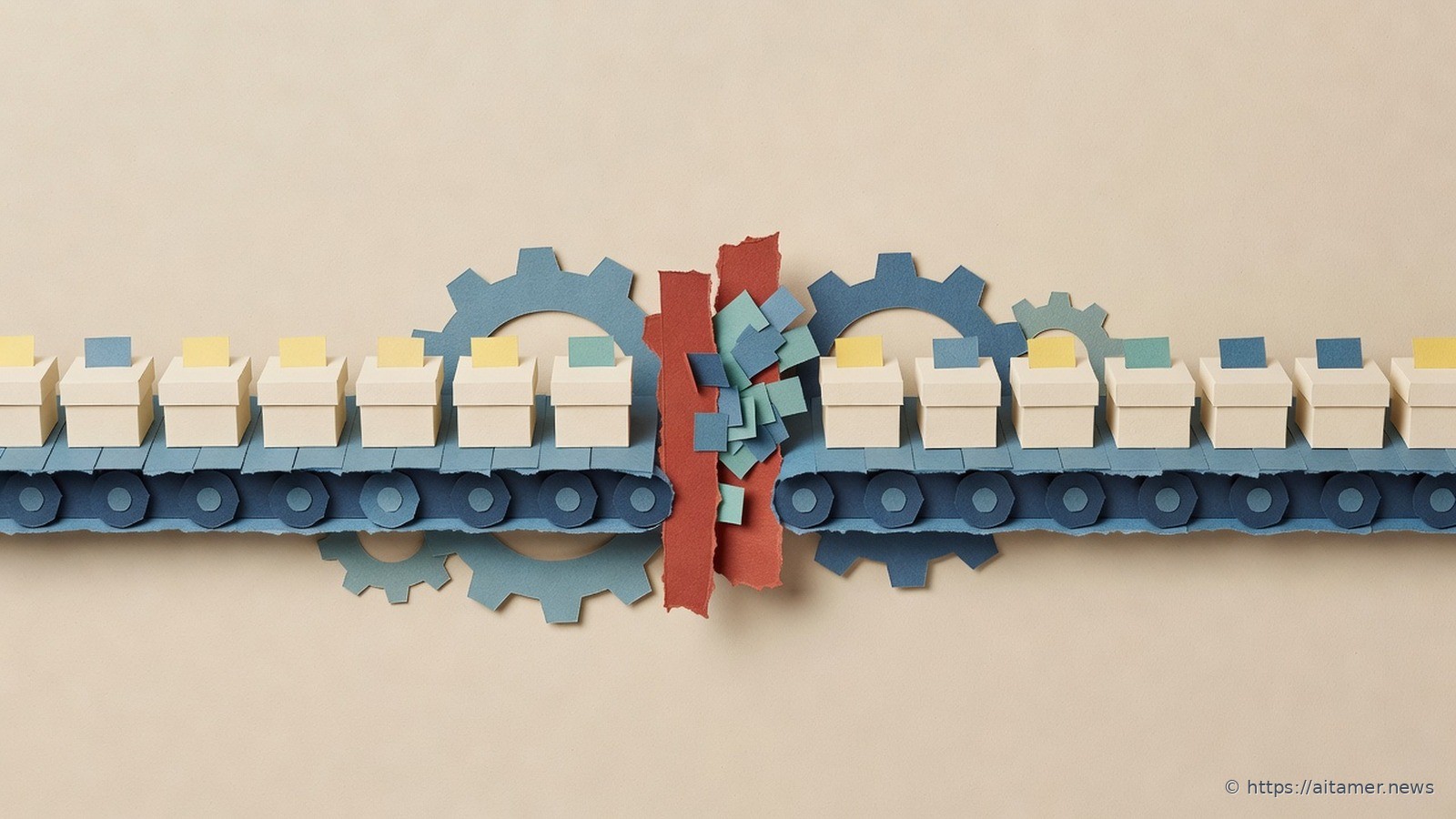 Paper-cut illustration of a conveyor belt of cream boxes passing through a rust-red gate jammed with small paper tabs, with gears behind the belt.