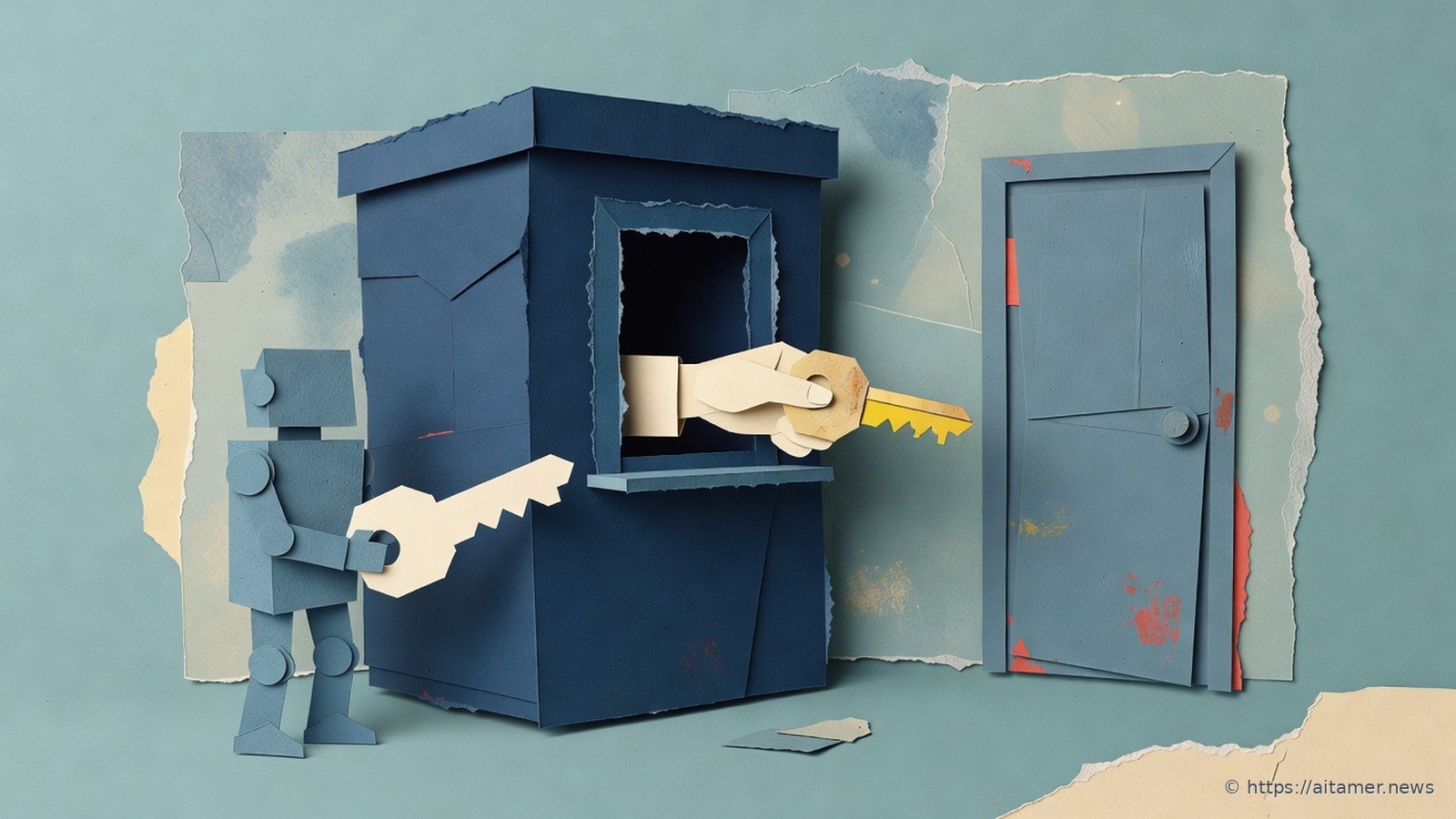 Paper-cut robot holding a blank key at a navy booth window, where a paper hand inside passes a real toothed yellow key on toward a closed door.