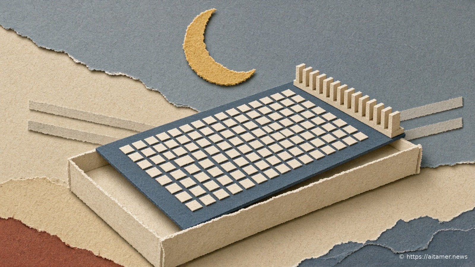 A slate-blue cut-paper accelerator card covered in rows of small ivory tiles, resting in a cream tray under a yellow paper crescent moon.