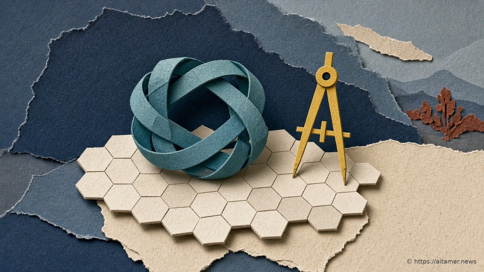 A muted-teal cut-paper knotted loop floating over a cream sheet of interlocking ivory tiles, a slim sulfur-yellow drawing compass beside it.