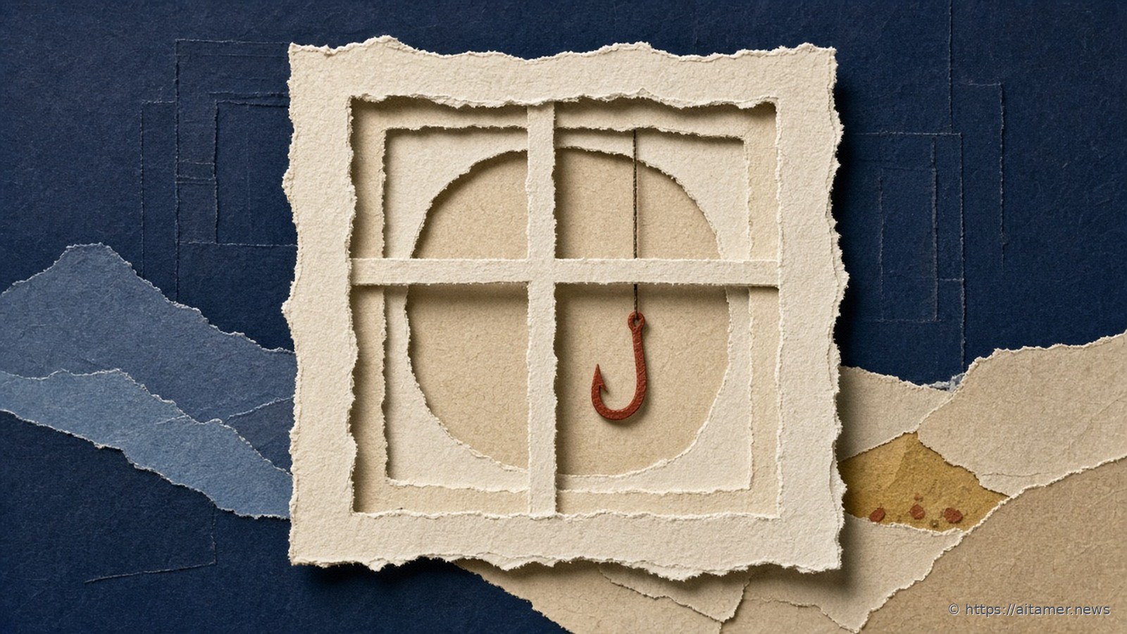 Paper-cut cream window frame over navy layered panes, with a rust fishhook hanging in front of the panes.