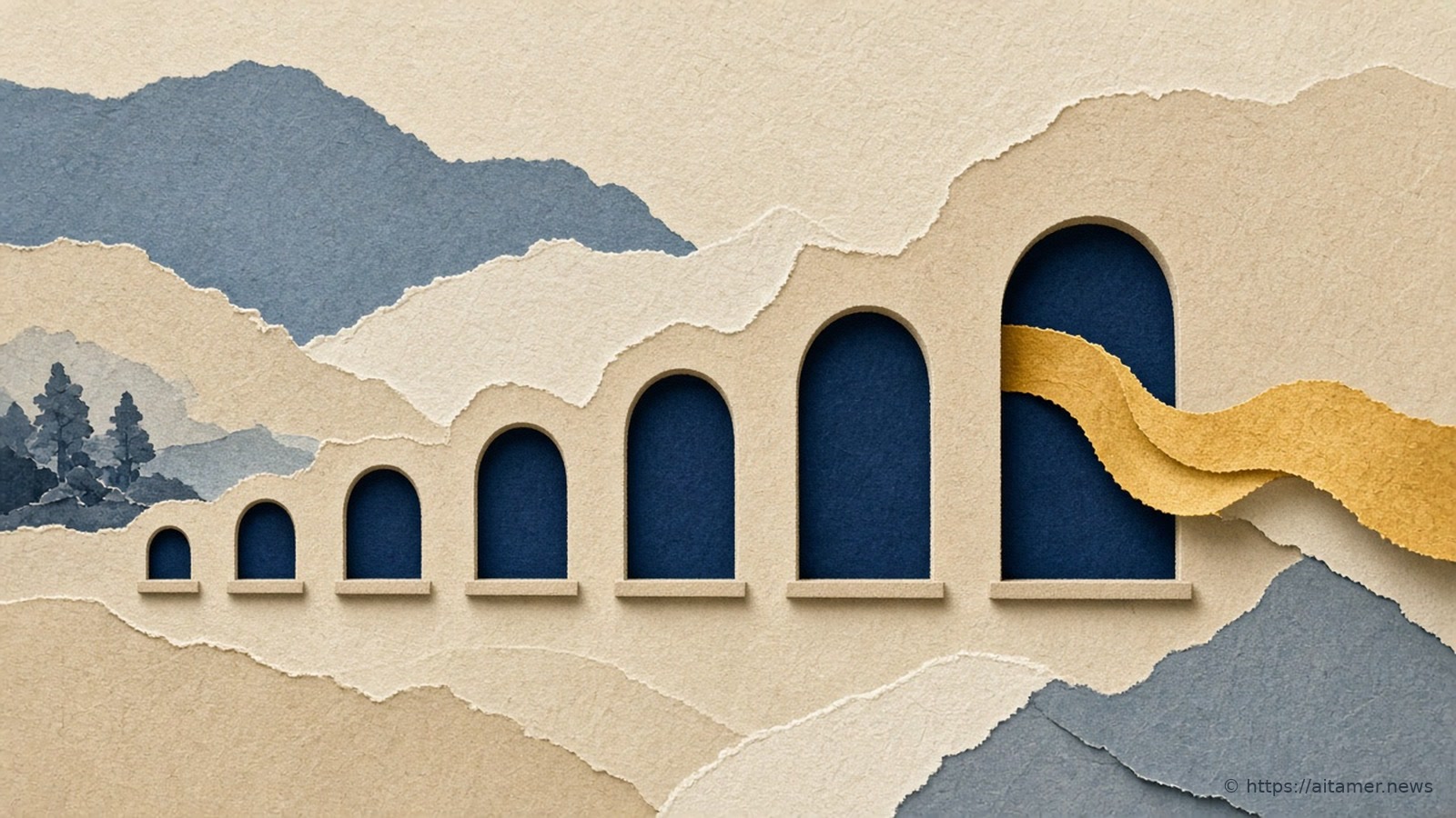 A row of deep-navy cut-paper arches rising from small to tall across cream paper, with a sulfur-yellow ribbon flowing through the tallest arch.