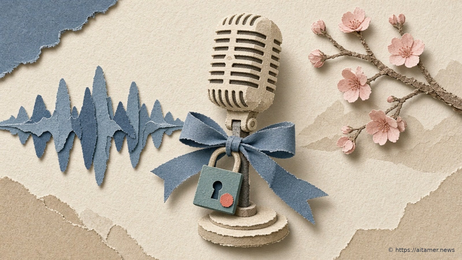 A cream paper studio microphone tied with a dusty-blue ribbon and a teal padlock, beside a blue paper sound wave and a pink cherry-blossom branch.