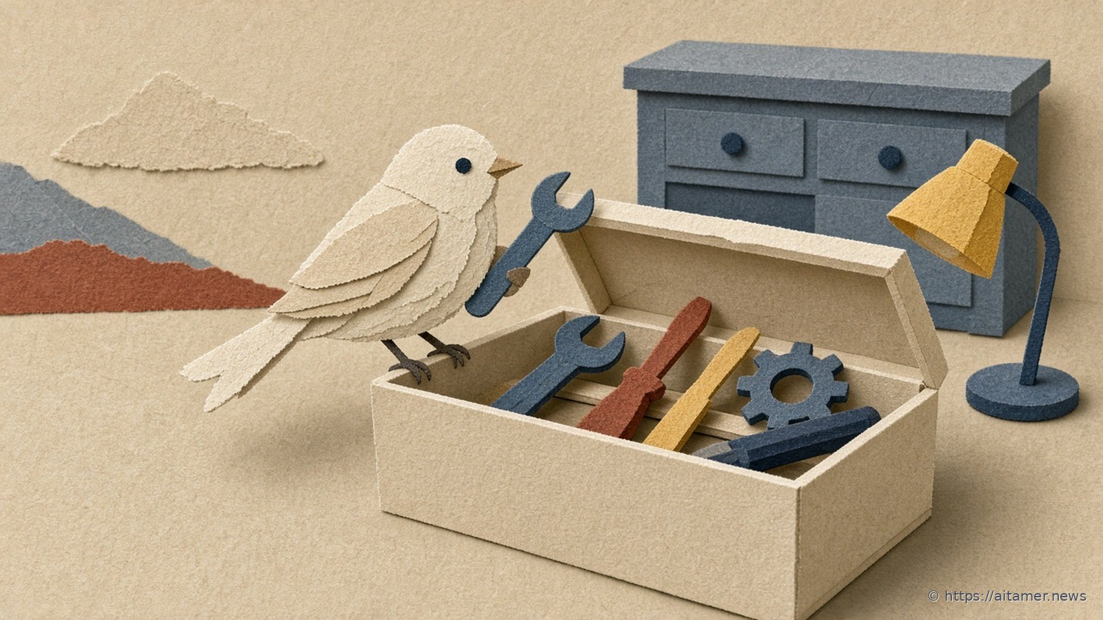 Paper-cut illustration of a small cream paper bird holding a slate wrench on an open toolbox of paper tools, with a yellow lamp and faint slate cabinet on sand.
