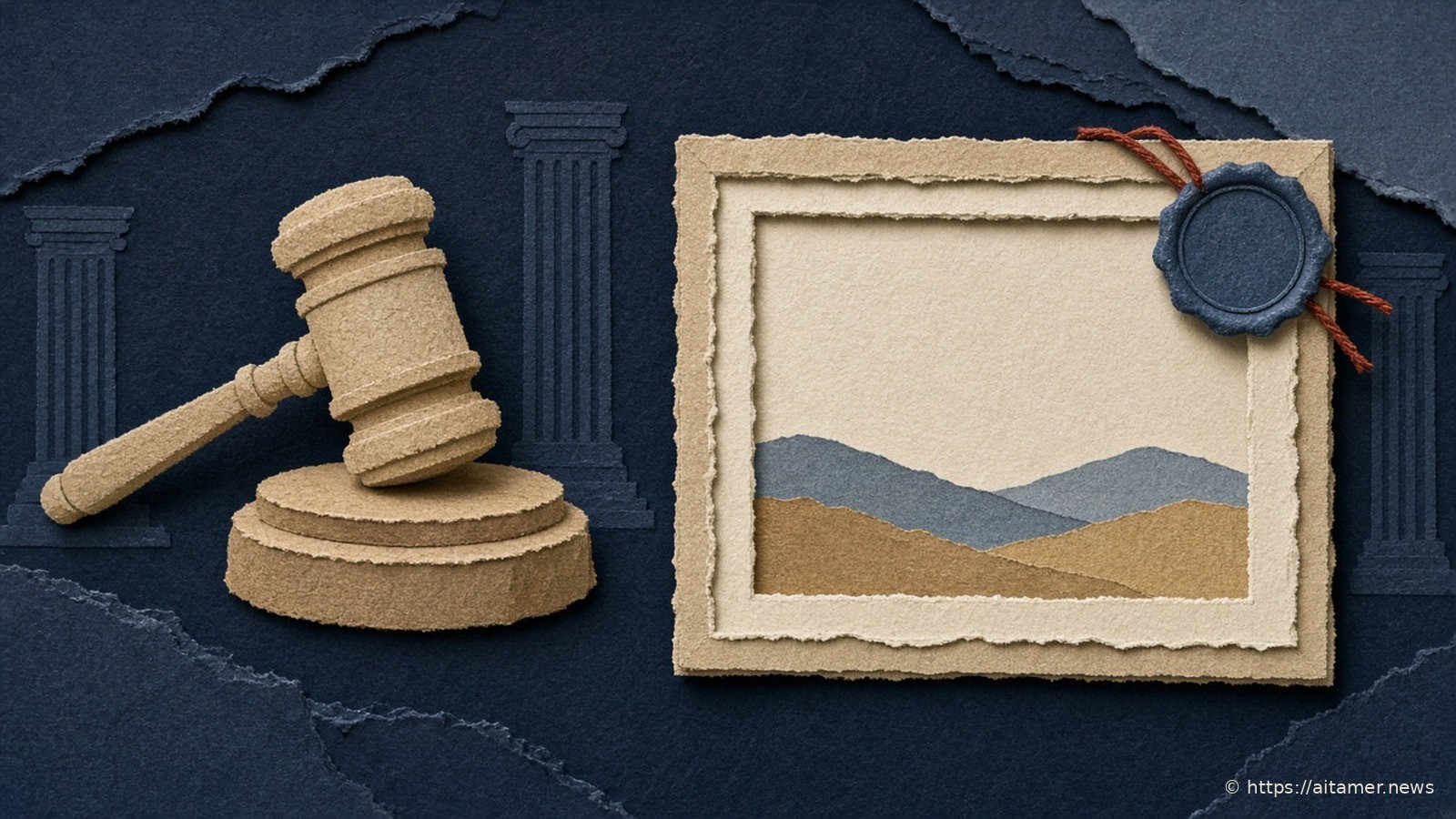 Paper-cut illustration of a sand-colored gavel on its block beside a cream picture frame holding a blank landscape, with a slate-blue wax-seal tag tied to the frame by rust thread, on navy paper.