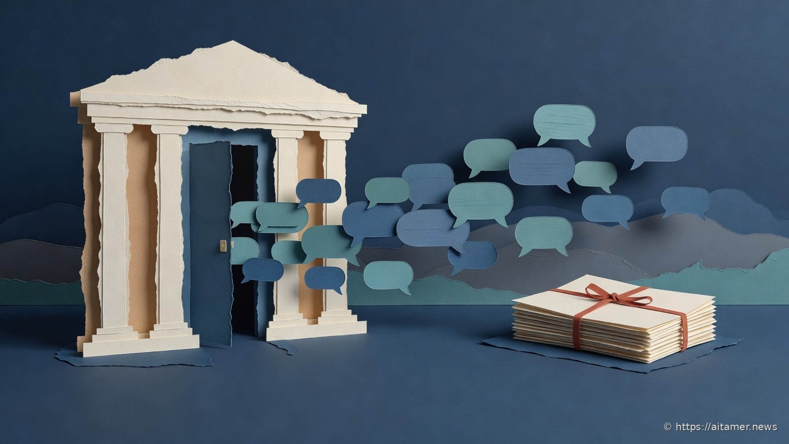 Paper-cut government building with columns and a door ajar, with a stream of teal and blue paper chat bubbles drifting out toward a ribbon-tied stack of cream record folders.