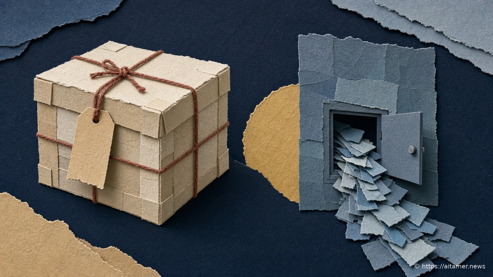 Paper collage of a closed cream crate tied with red string and a blank tag, beside an open hatch in a blue wall spilling paper cards.