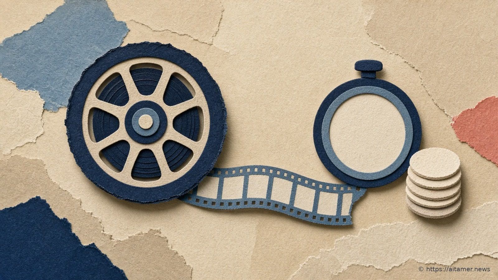 Paper-cut illustration of a film reel unwinding its strip into a blank-faced stopwatch, with a small stack of round paper tokens beside it.