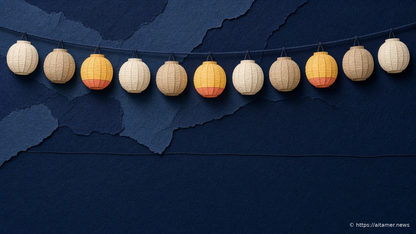 Paper-cut illustration of a string of round cream, sand and mustard paper lanterns, three with coral bands, hanging across torn deep navy paper.