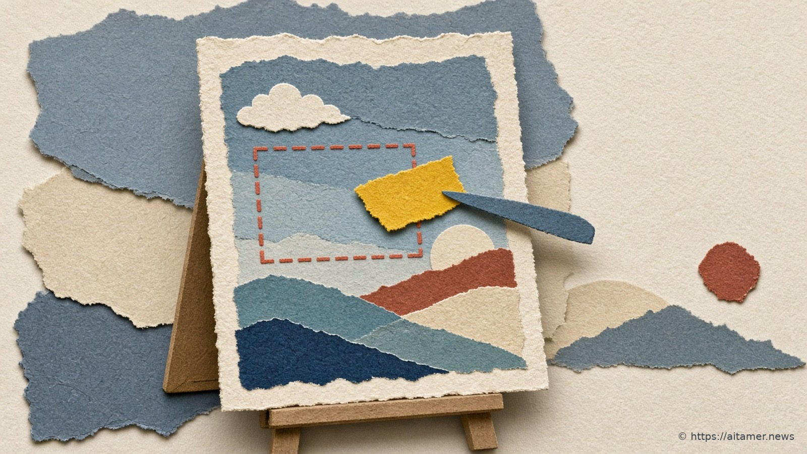 A cream paper easel with a slate-blue landscape canvas, a dashed coral selection box, and a yellow scrap under a slate tool.
