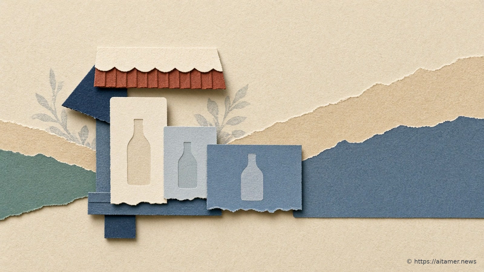 A fan of blank paper cards in tall, square and wide shapes spreads out from a small paper shop awning, each showing a bottle silhouette.