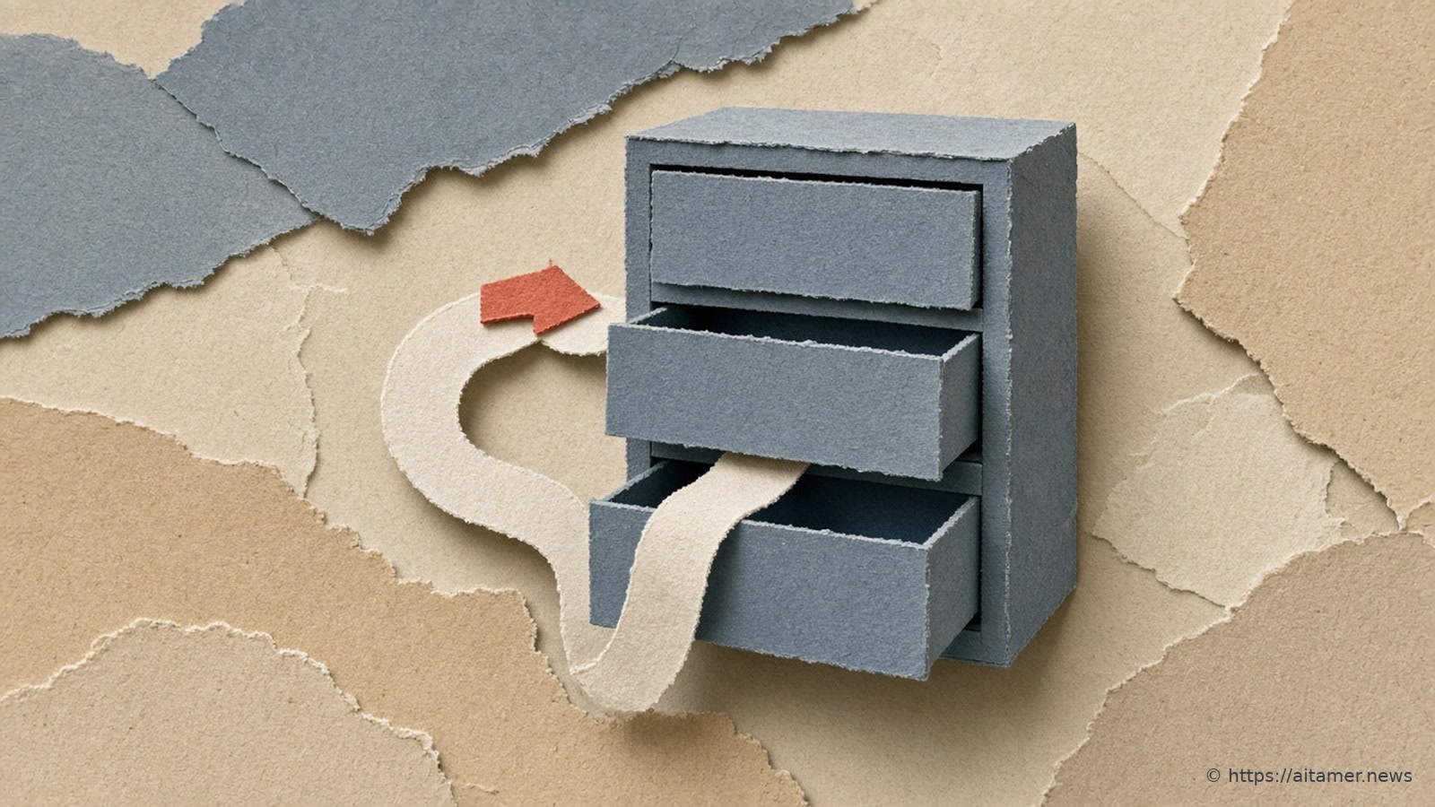 A steel-blue paper cabinet with blank drawers, and a cream ribbon path that leaves one drawer, loops around past a coral arrow and enters another.