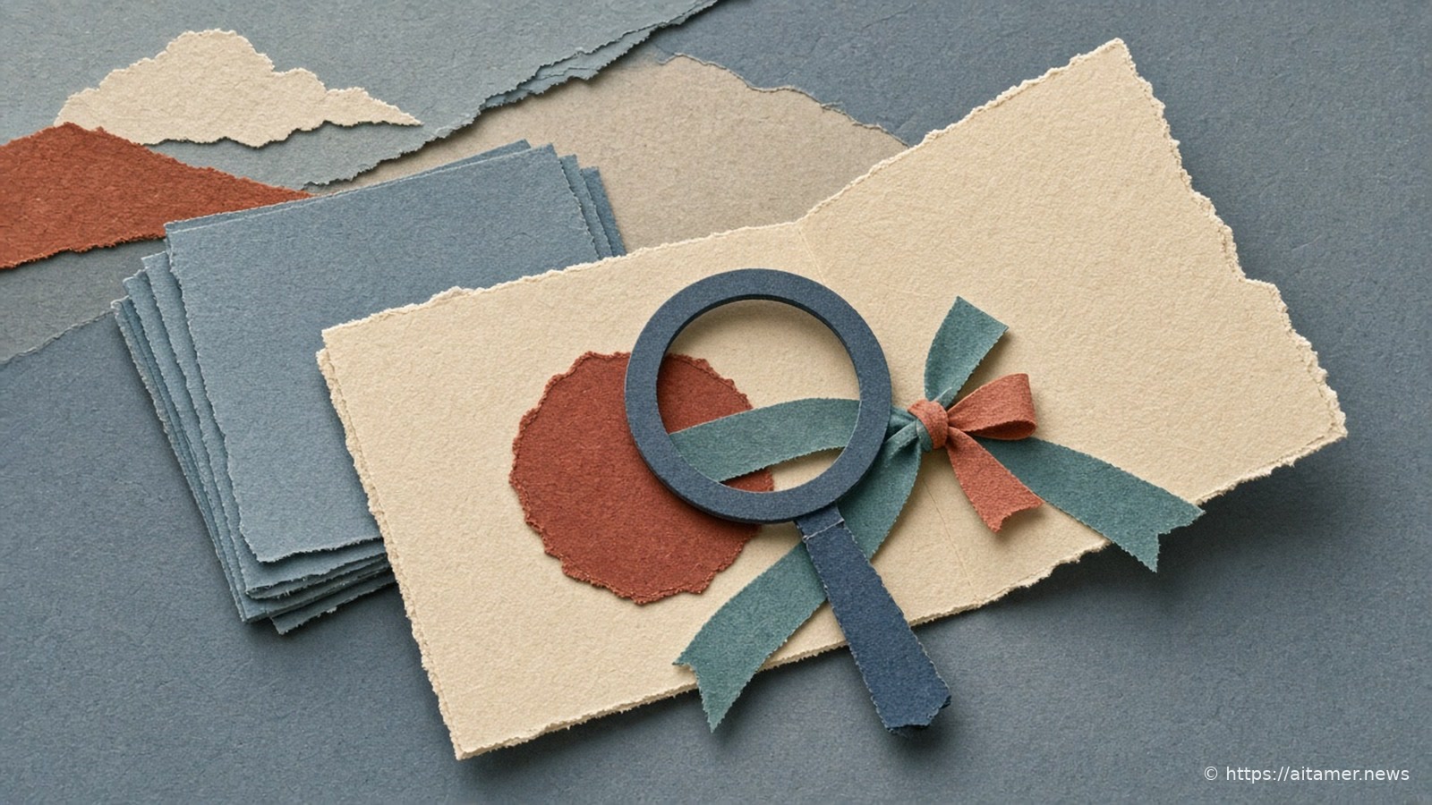 A navy paper magnifying glass and a tied teal ribbon over a cream paper report, with a rust-red paper disc half under the lens and a stack of blue sheets behind.