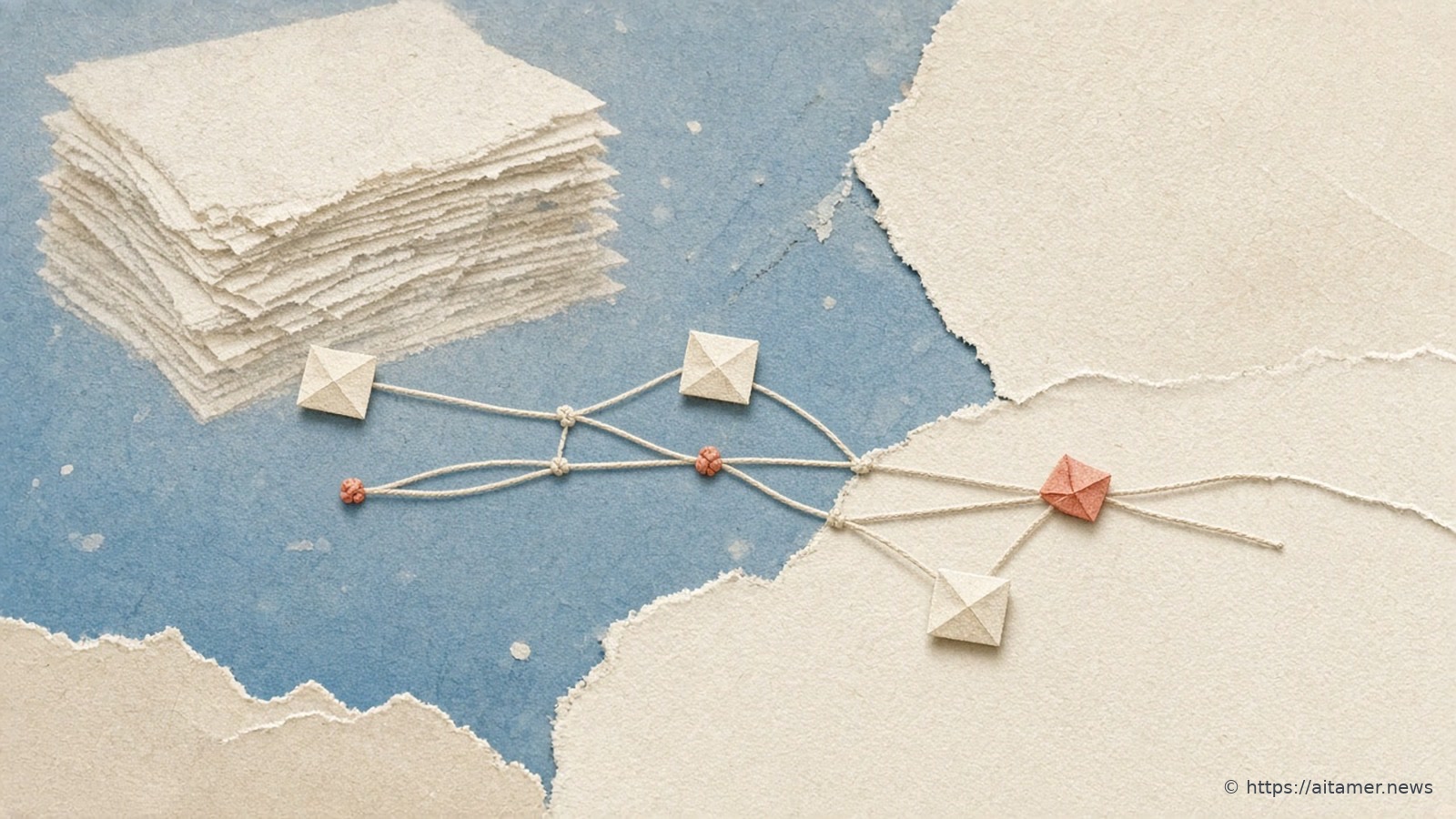 A paper-cut collage of a sparse paper web where only a few knots light up as fresh tiles, while a tall stack of discarded cards fades behind it.