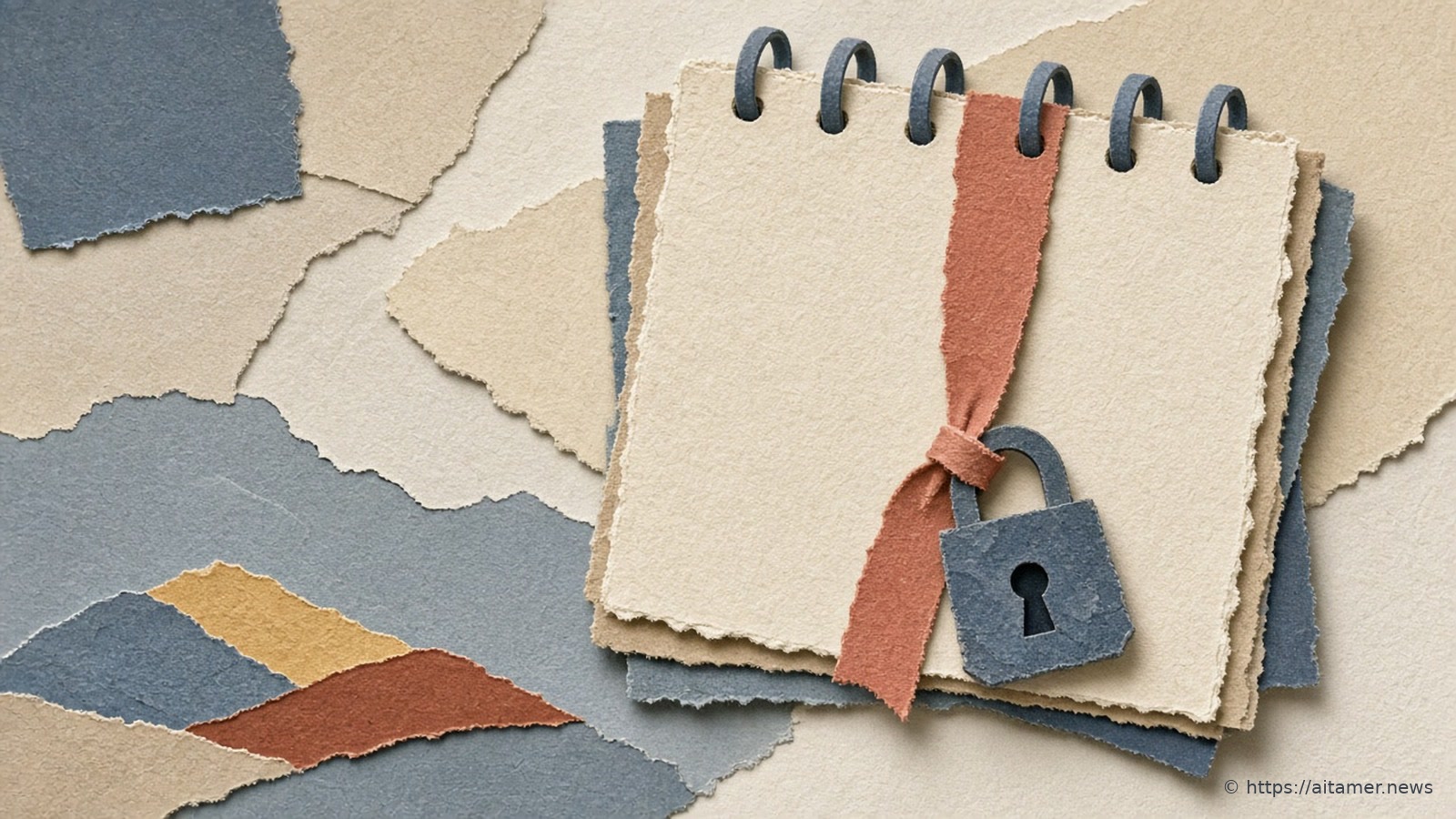 Paper-craft spiral calendar pad tied with a rust-red ribbon and a slate-blue padlock, set on layered torn paper in blue, sand and cream.