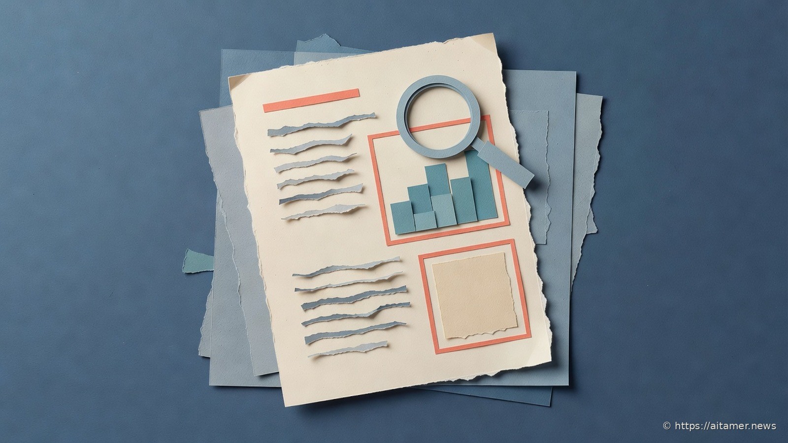 Paper-cut illustration of a document page with torn strips for text, a bar chart and a photo block, each outlined by coral frames like bounding boxes, under a magnifying glass.