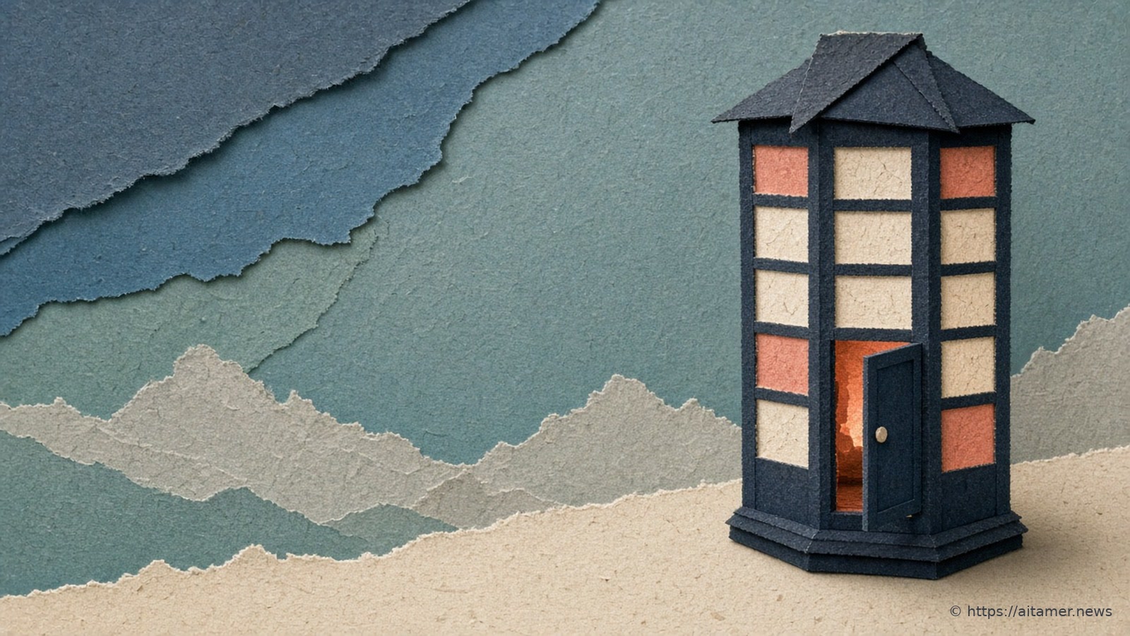 A tall deep-navy paper lantern with ivory panes, a few glowing coral, its small door open, standing on sand paper before muted-teal hills.