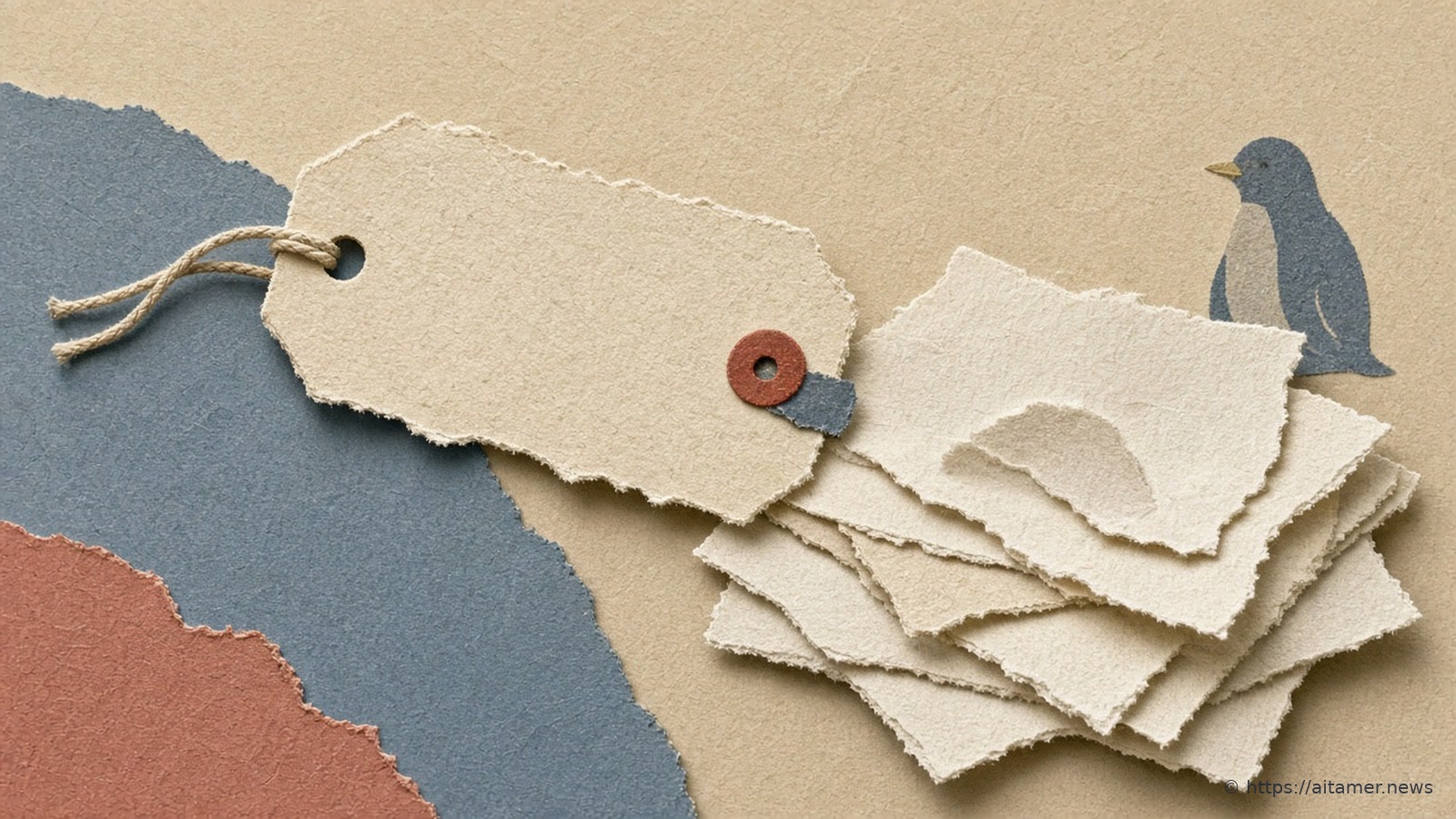 A cream paper luggage tag with a coral eyelet and loose string lying beside a stack of torn cream sheets, watched by a small slate penguin.