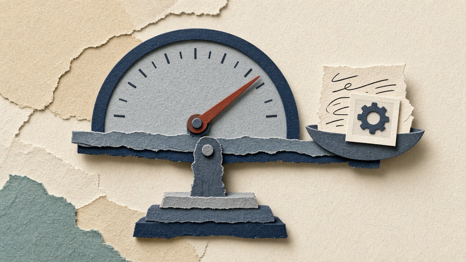 A balance scale with a gray dial, document cards, and a gear icon.