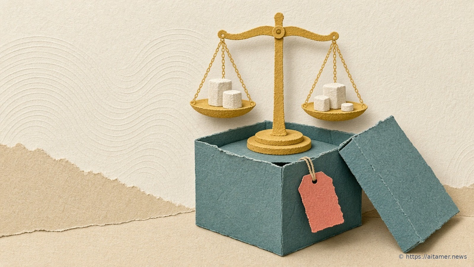 Paper-cut yellow balance scale with cream weights rising from an open teal box and a blank coral tag on ivory.