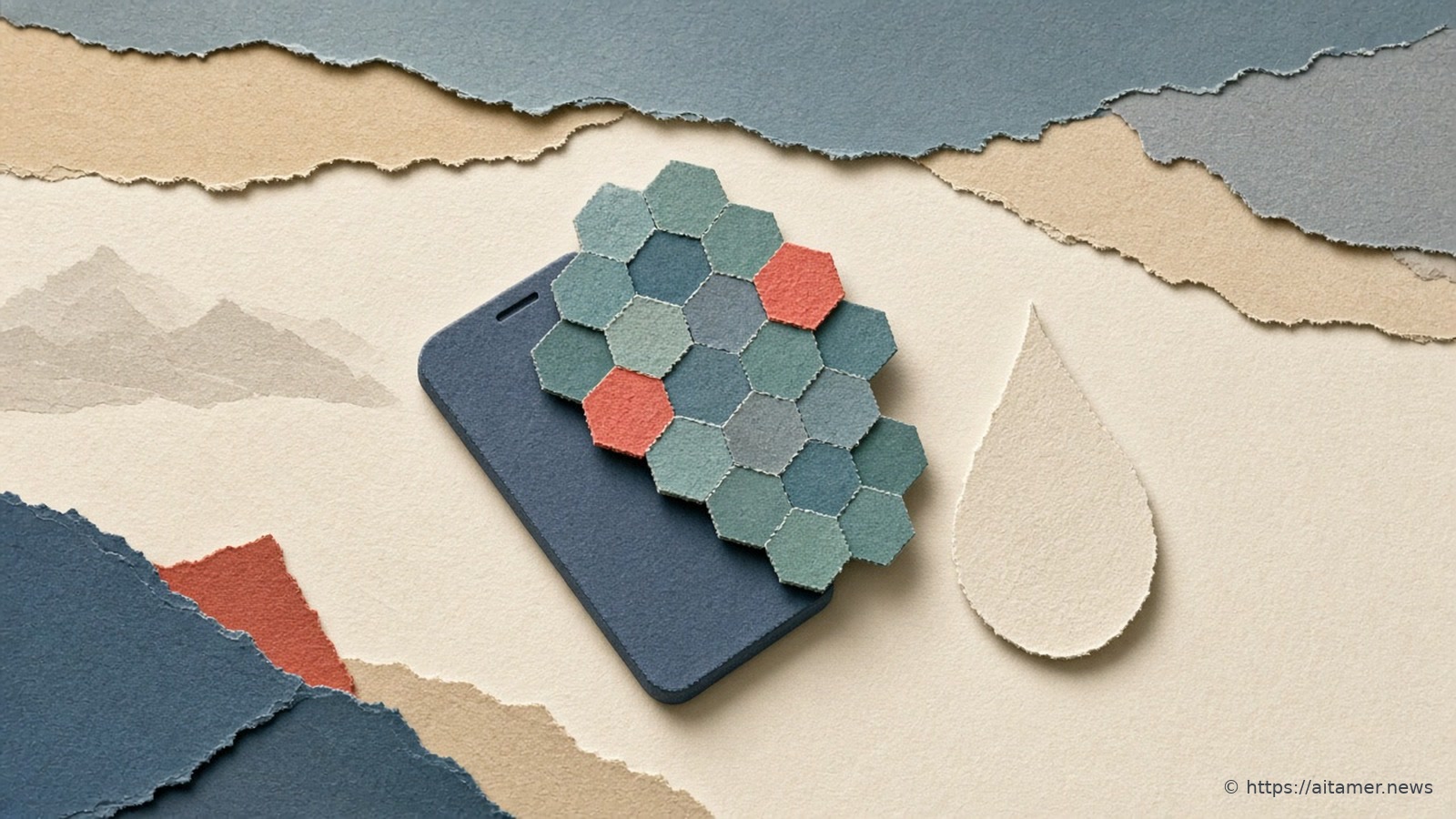 A slate-blue paper phone carrying a cluster of teal paper hexagon cells, two of them coral, beside an ivory paper drop.