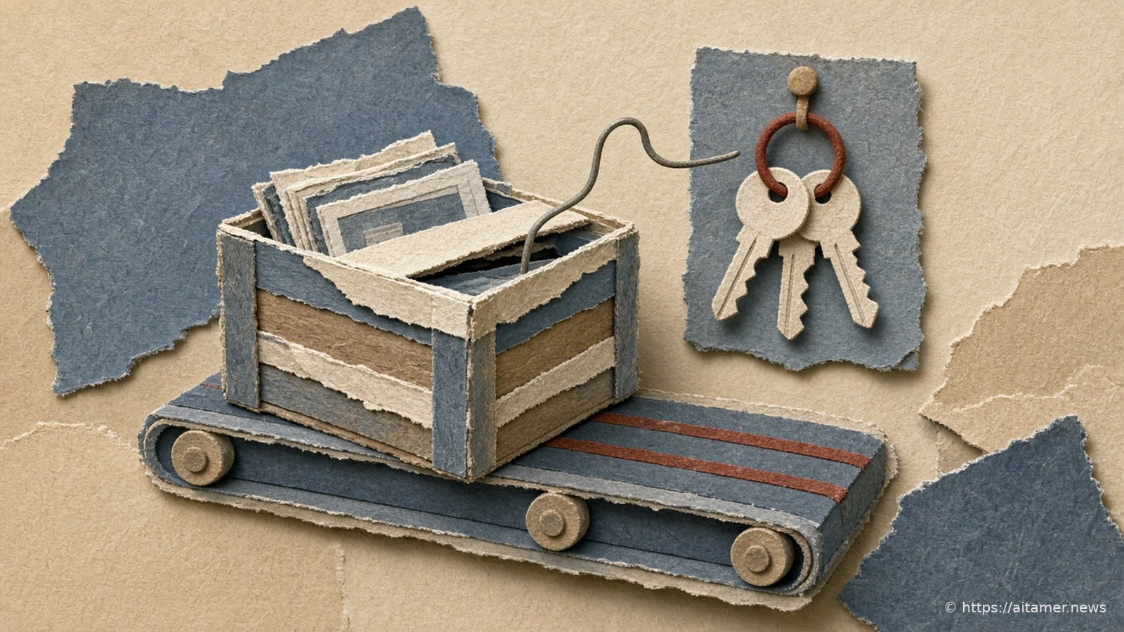 Paper-cut illustration of a delivery crate on a conveyor with a hooked wire sneaking out of its lid toward a ring of keys on a board.