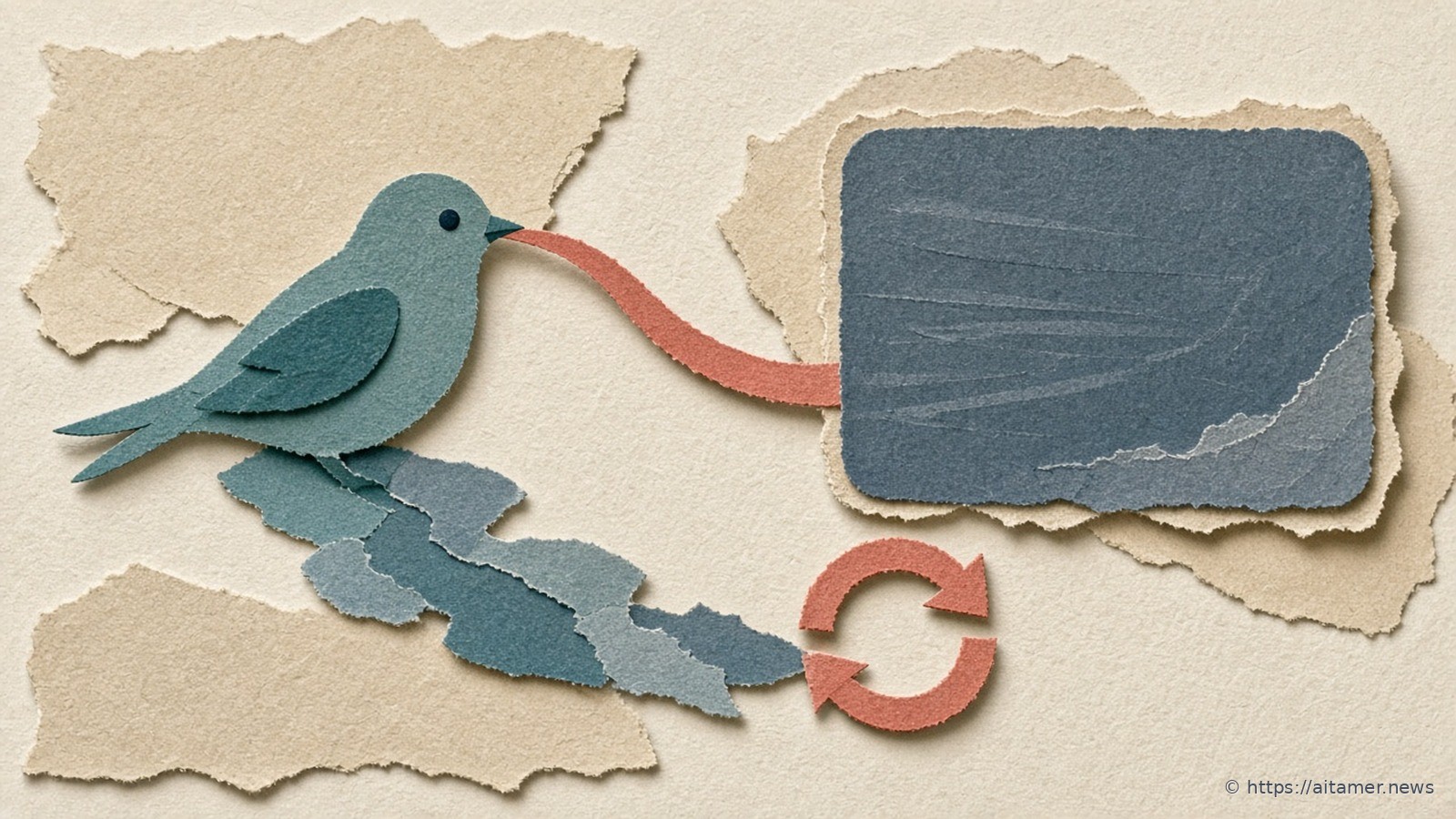 Cut-paper slate bird linked by a coral ribbon to a soft video-frame panel, with a small coral loop mark below suggesting one exported animated SVG.