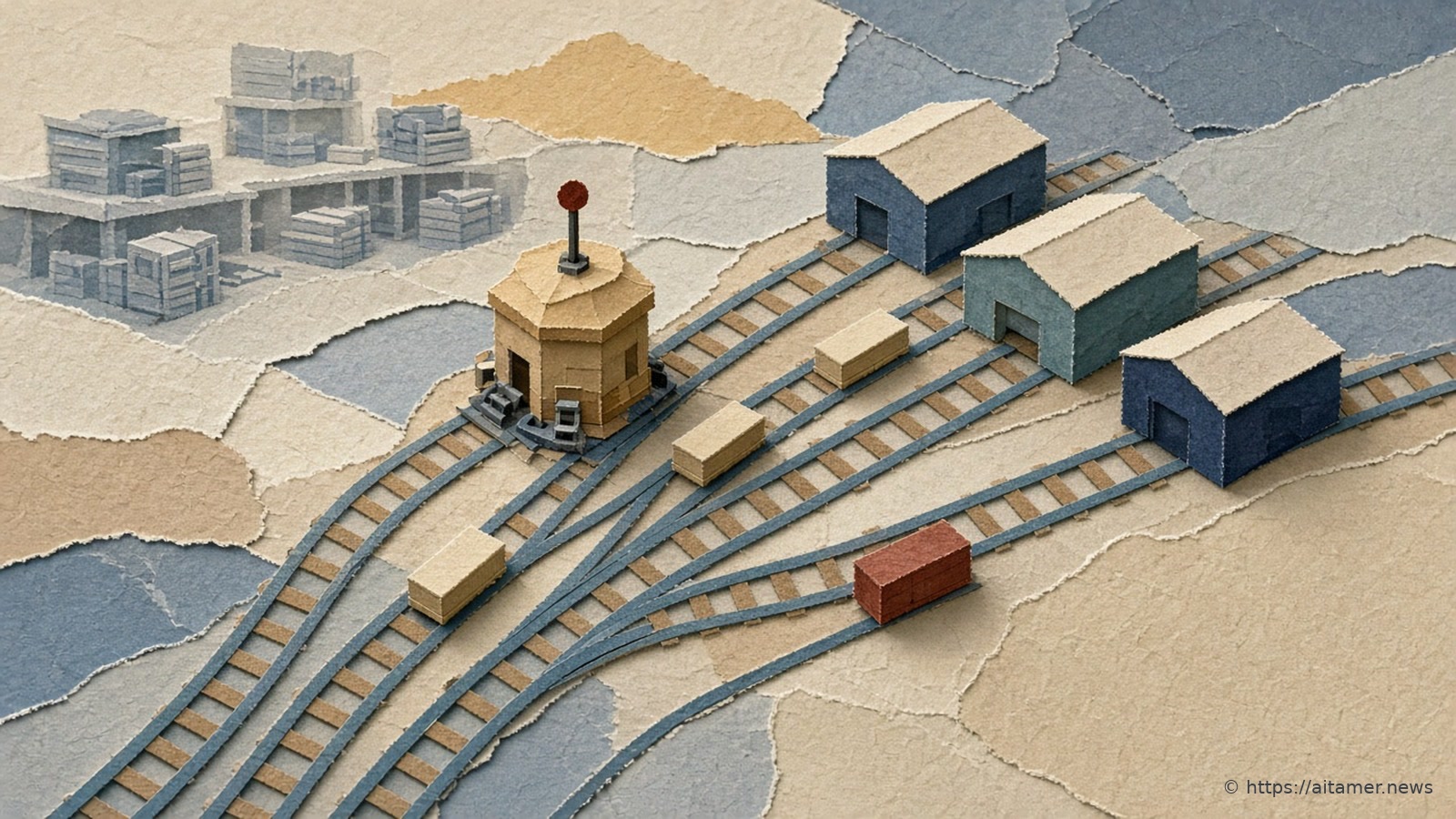 Slate paper rail tracks fan out from a sand paper signal box with a small coral signal toward three navy and teal sheds, carrying sand paper crates and one rust-red car, with faint grey stacked crates behind.