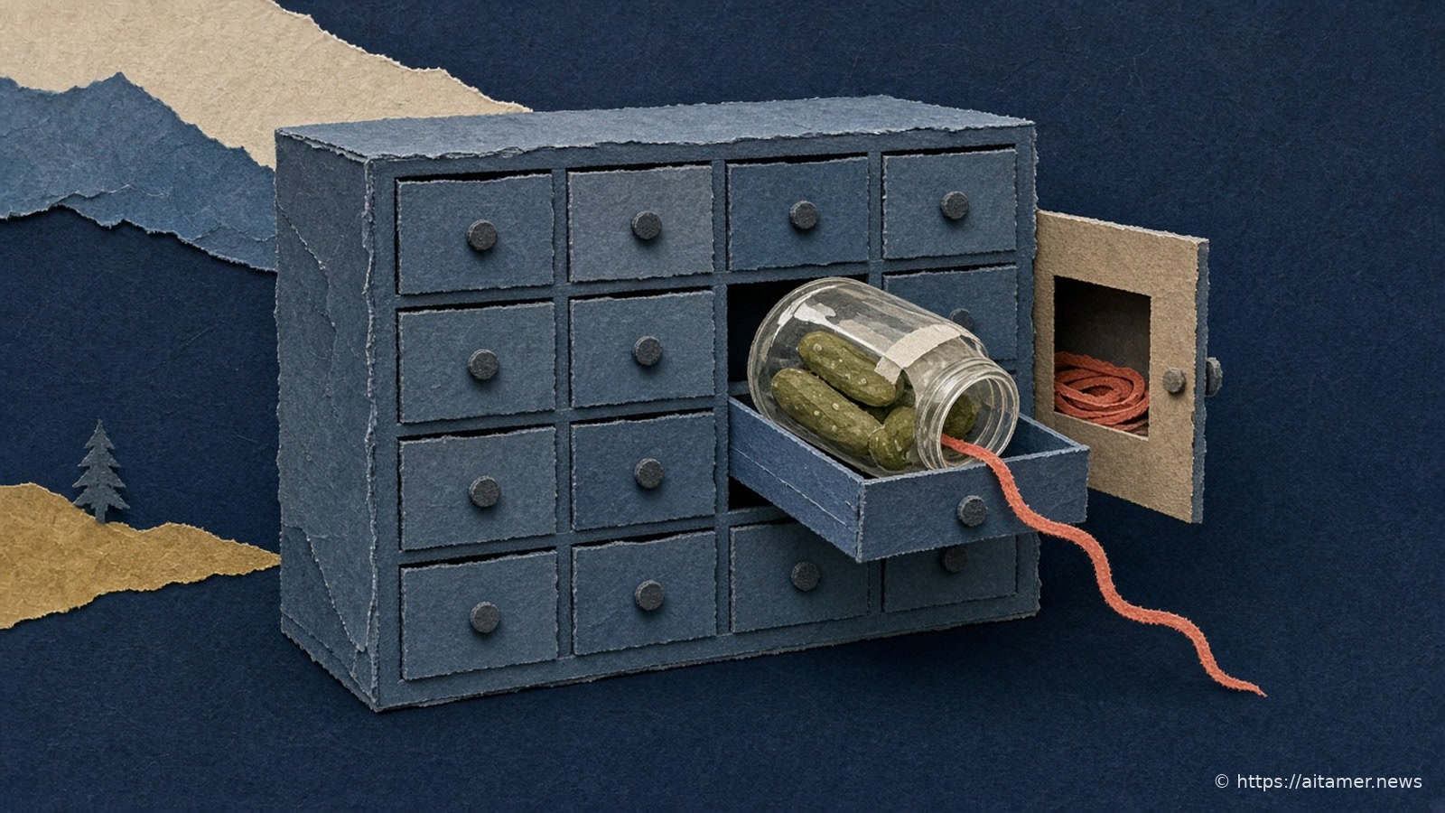 A paper-cut blue cabinet of small drawers, one pulled open holding a jar of pickles, with a red paper thread snaking out of it.