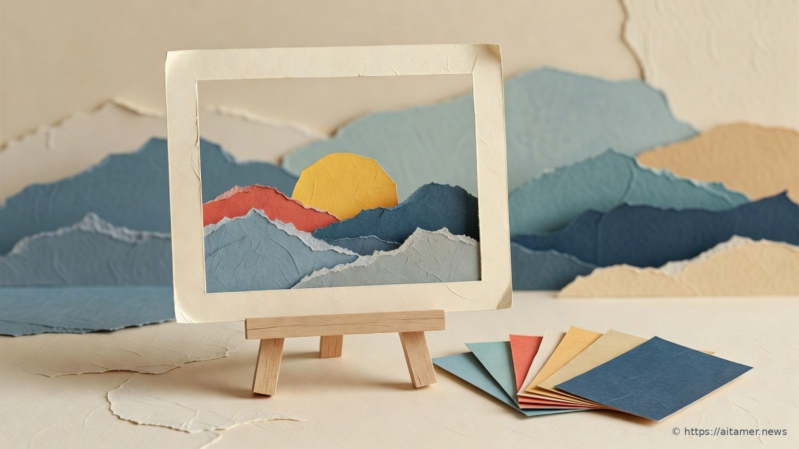 Paper-cut illustration of an empty cream viewfinder frame on a small wooden easel framing torn-paper hills and a low yellow sun, with a fan of plain color swatch cards beside it.