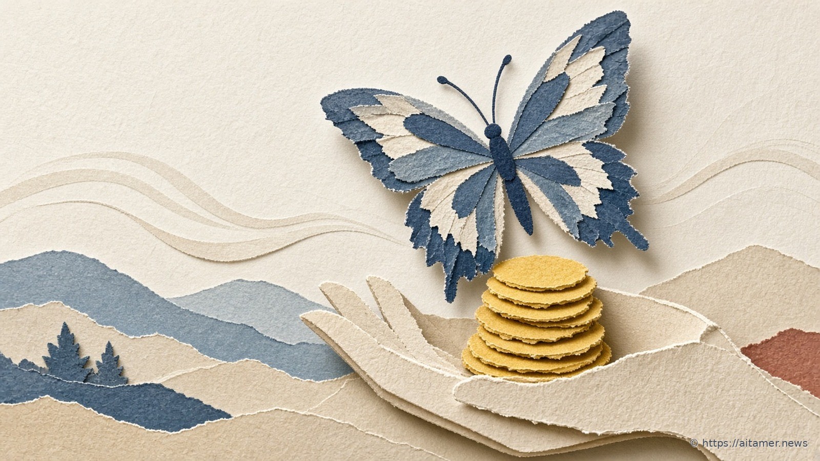 Paper-cut illustration of a slate-blue and cream butterfly lifting off above an open cream paper hand that holds a stack of yellow coins, against soft cream hills.