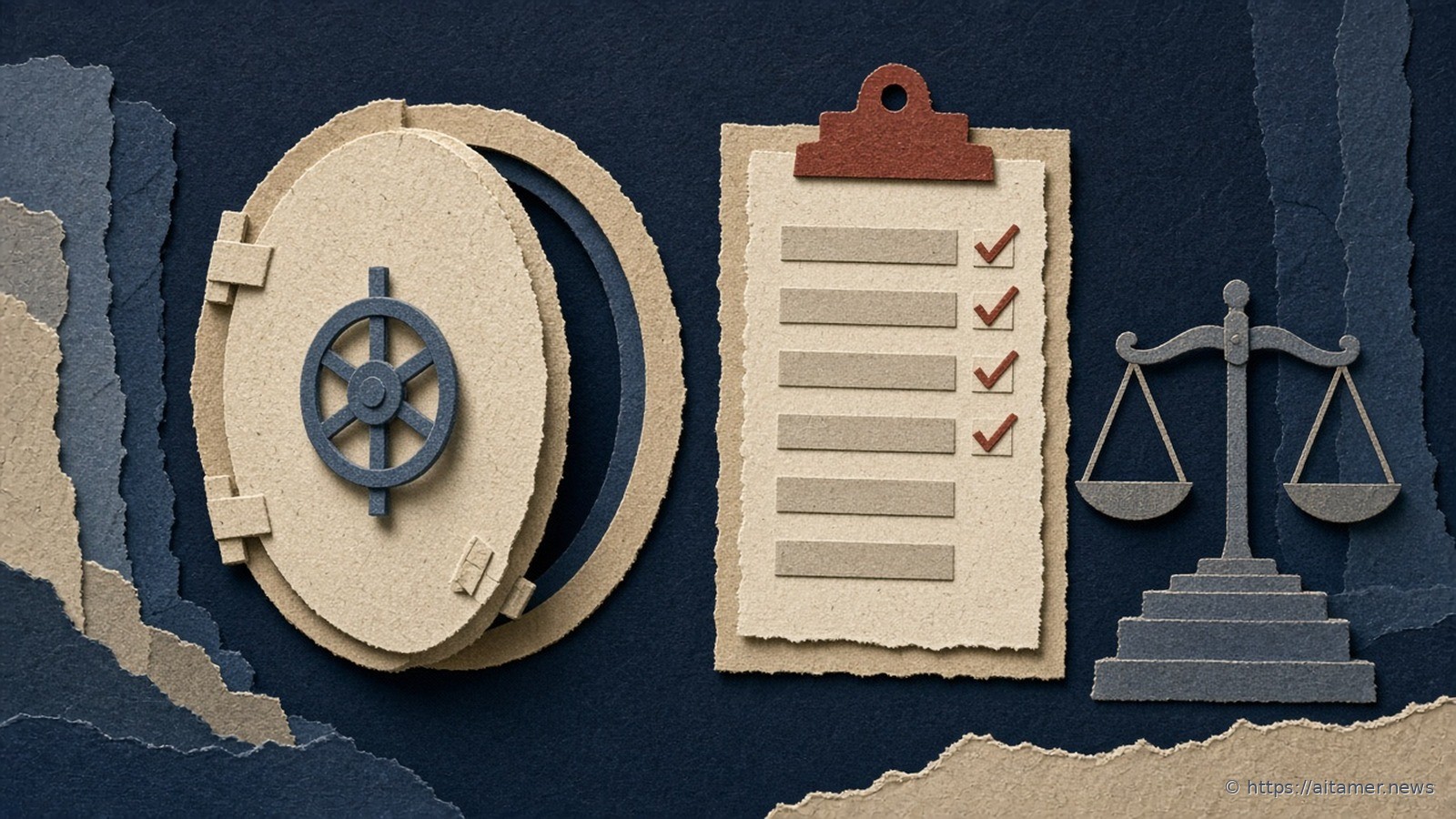 Paper-cut illustration of a cream vault door with a slate wheel, a clipboard of blank lines with rust ticks, and a slate balance scale on a stepped pedestal, on deep navy.