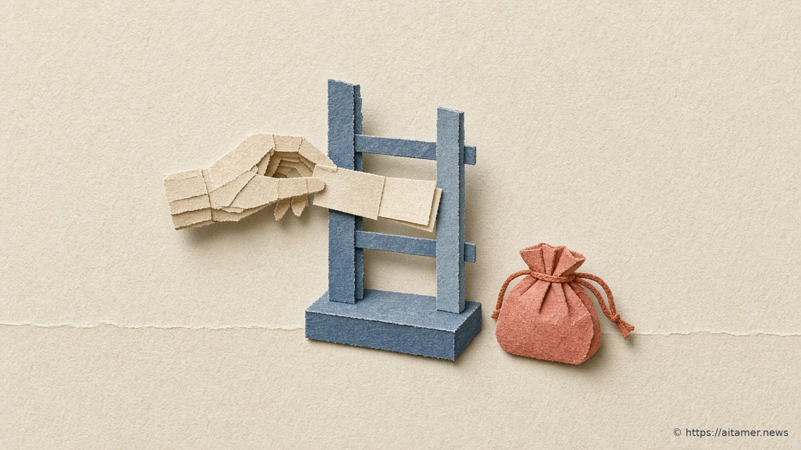 Paper-cut illustration of a cream paper hand passing a blank voucher card through a slate-blue upright frame toward a small coral drawstring purse.