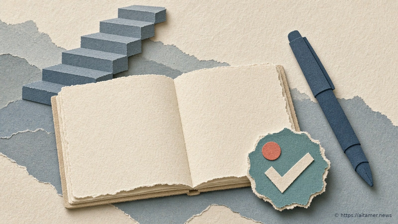 An open blank cream paper notebook lies on torn blue-grey paper beside a navy paper pen, a teal rosette with a cream check mark and a coral dot, and a flight of slate-blue paper steps.