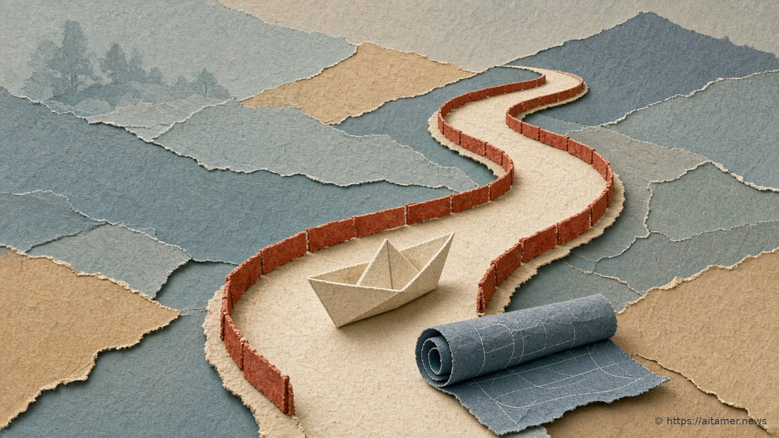 A winding cream paper road lined with a rusty-red paper guardrail, a small folded ivory paper boat on it and a rolled slate-blue blueprint at the start.