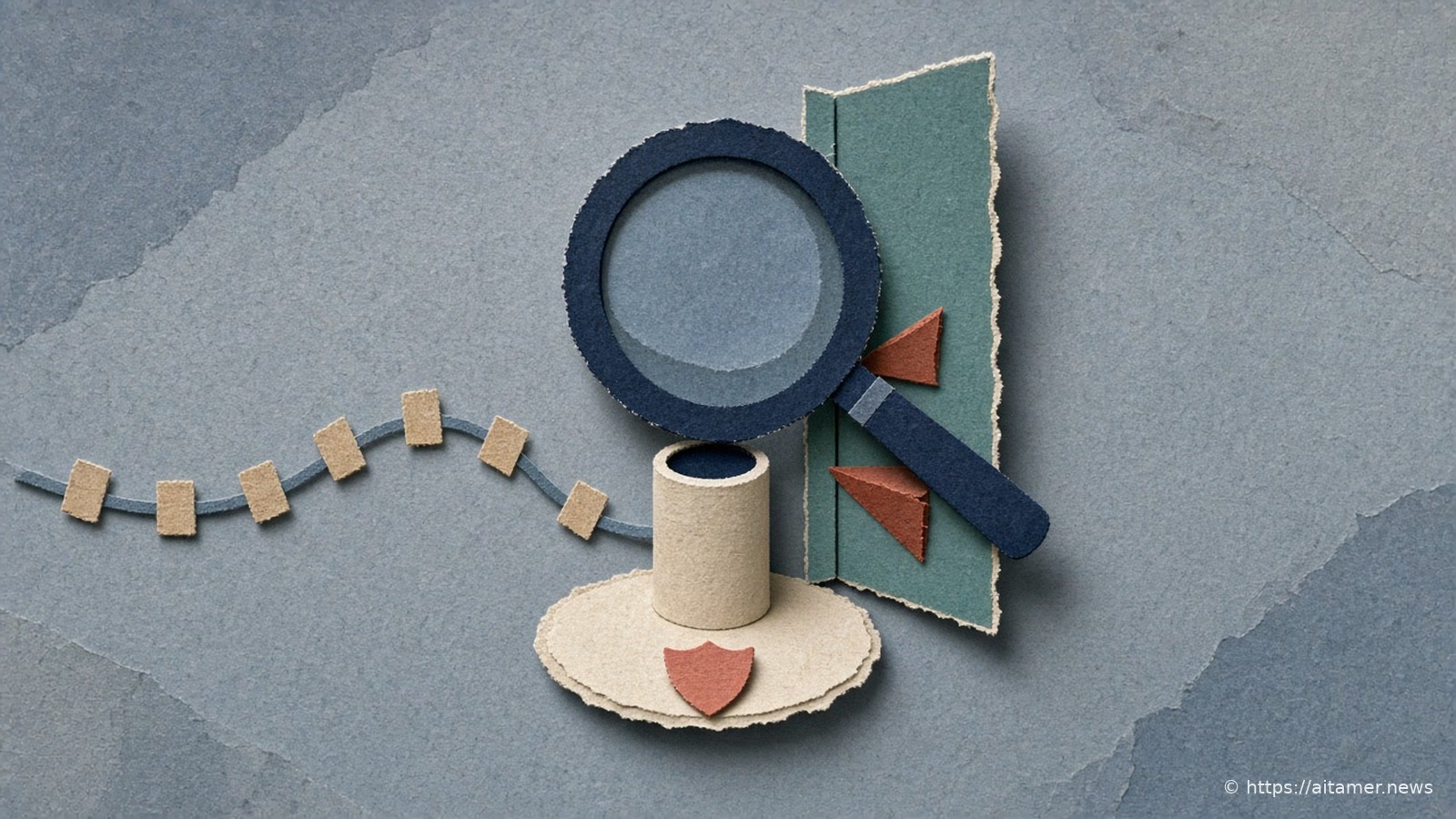 Cut-paper illustration of a navy magnifying glass on a stand over a cream socket, a cable dotted with small sand patches, and a teal door behind it wedged open by two rust-red wedges.