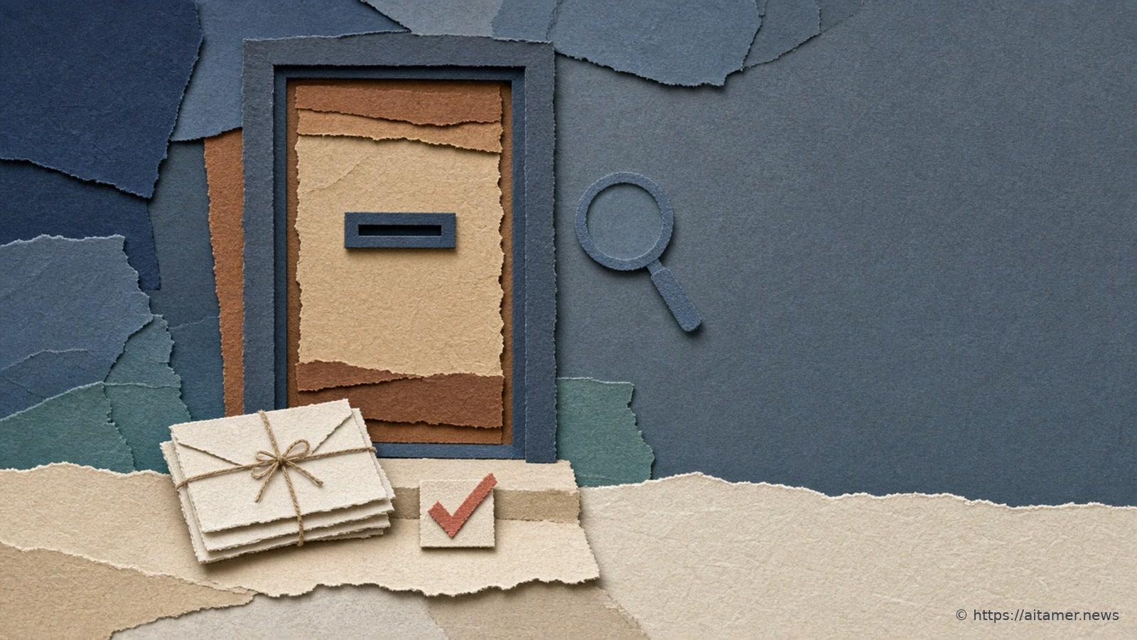 Cut-paper illustration of a sturdy front door with a stack of sealed envelopes on the doorstep and a single ticked checkbox beside it.