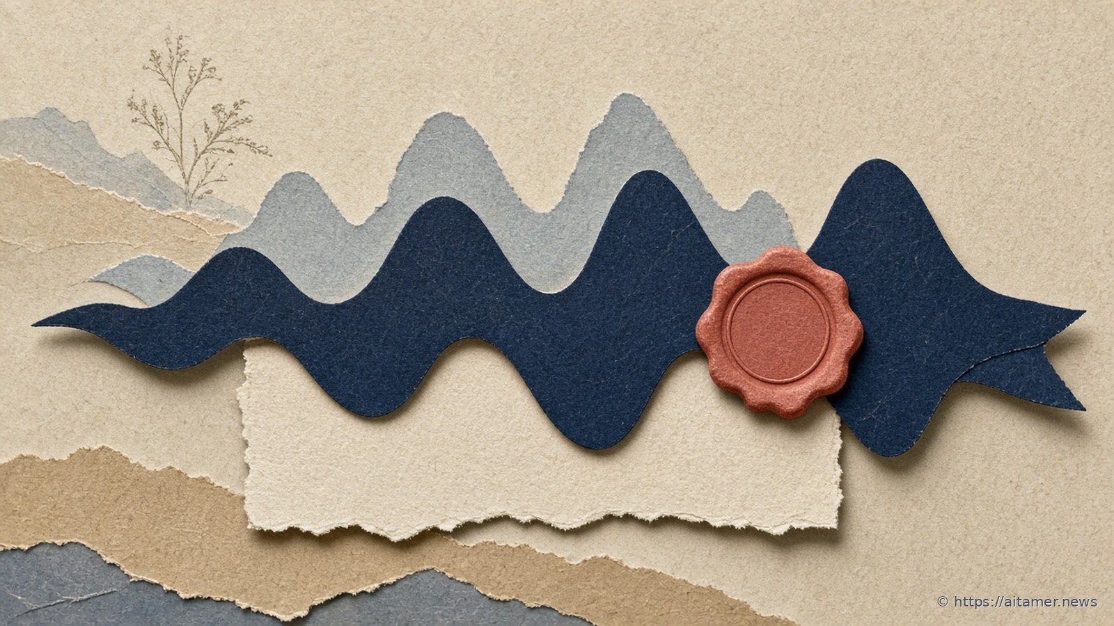 Paper-cut navy sound wave stretched over a cream sheet and sealed in place with a round coral wax seal.