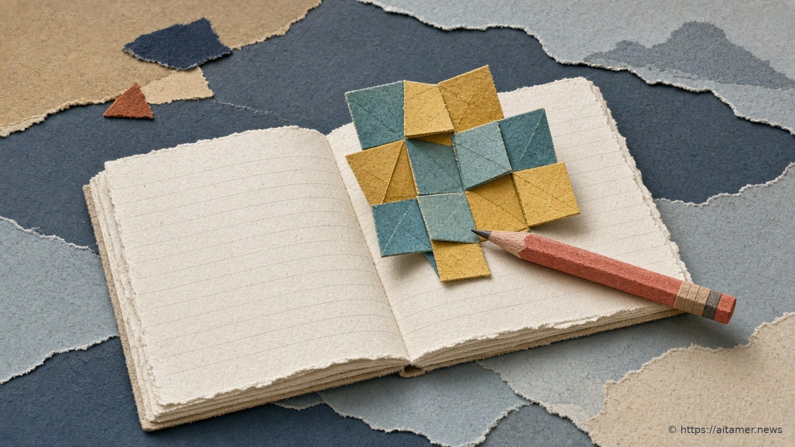 An open cream paper notebook with blank ruled pages, a small grid of teal and yellow paper tiles rising from it, and a coral pencil across the page.